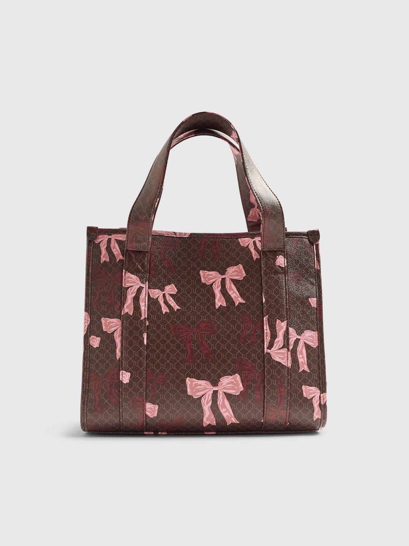 Image 3 of 5 of River Island Monogram Print Bow Tote Bag - Brown