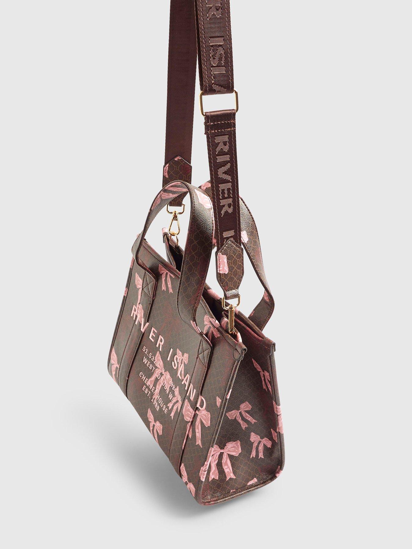 Image 4 of 5 of River Island Monogram Print Bow Tote Bag - Brown