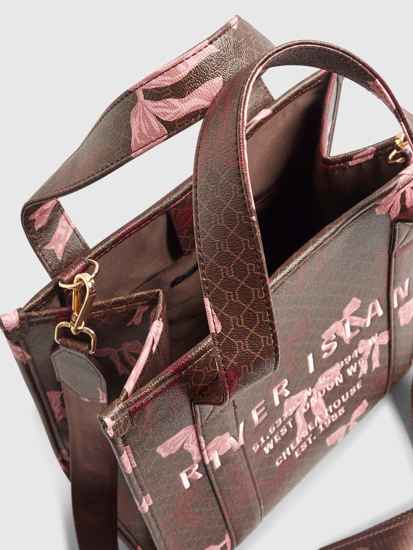 Image 5 of 5 of River Island Monogram Print Bow Tote Bag - Brown