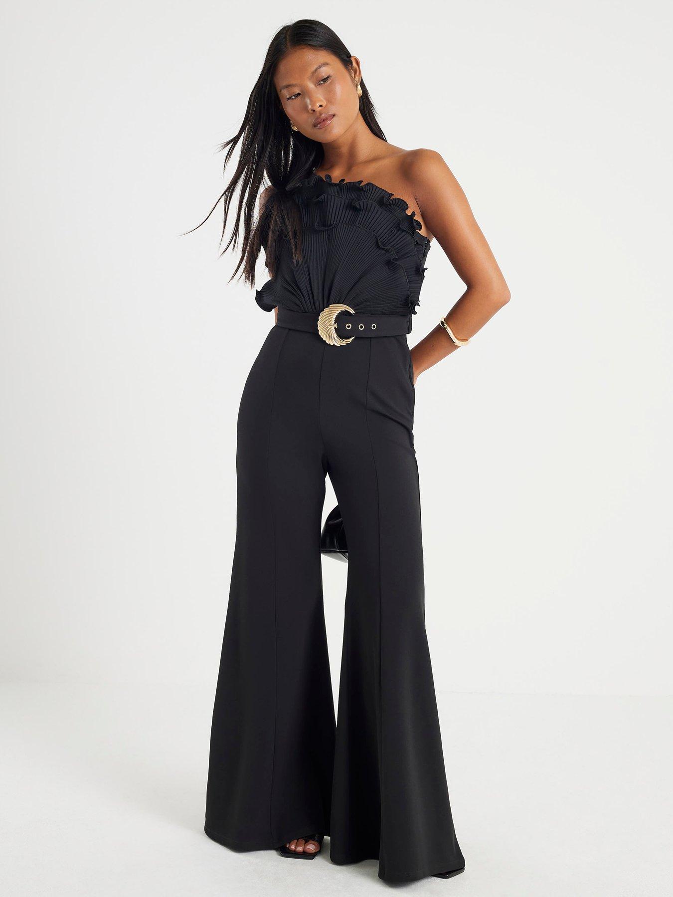  image of river-island-petite-one-shoulder-belted-jumpsuit-black