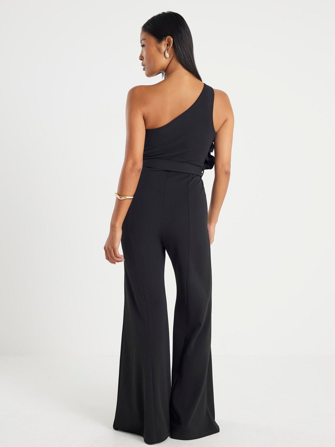  image of river-island-petite-one-shoulder-belted-jumpsuit-black