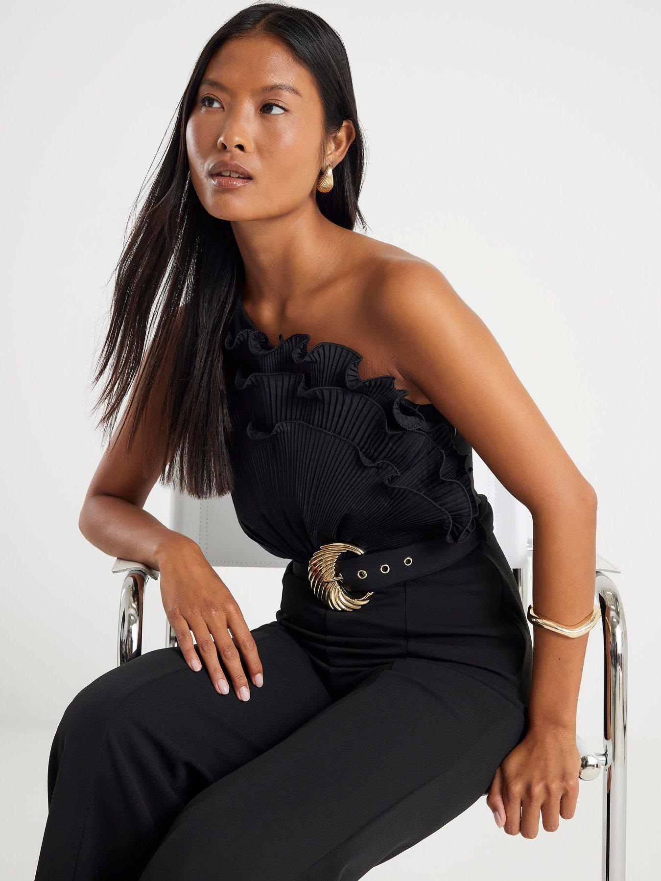  image of river-island-petite-one-shoulder-belted-jumpsuit-black