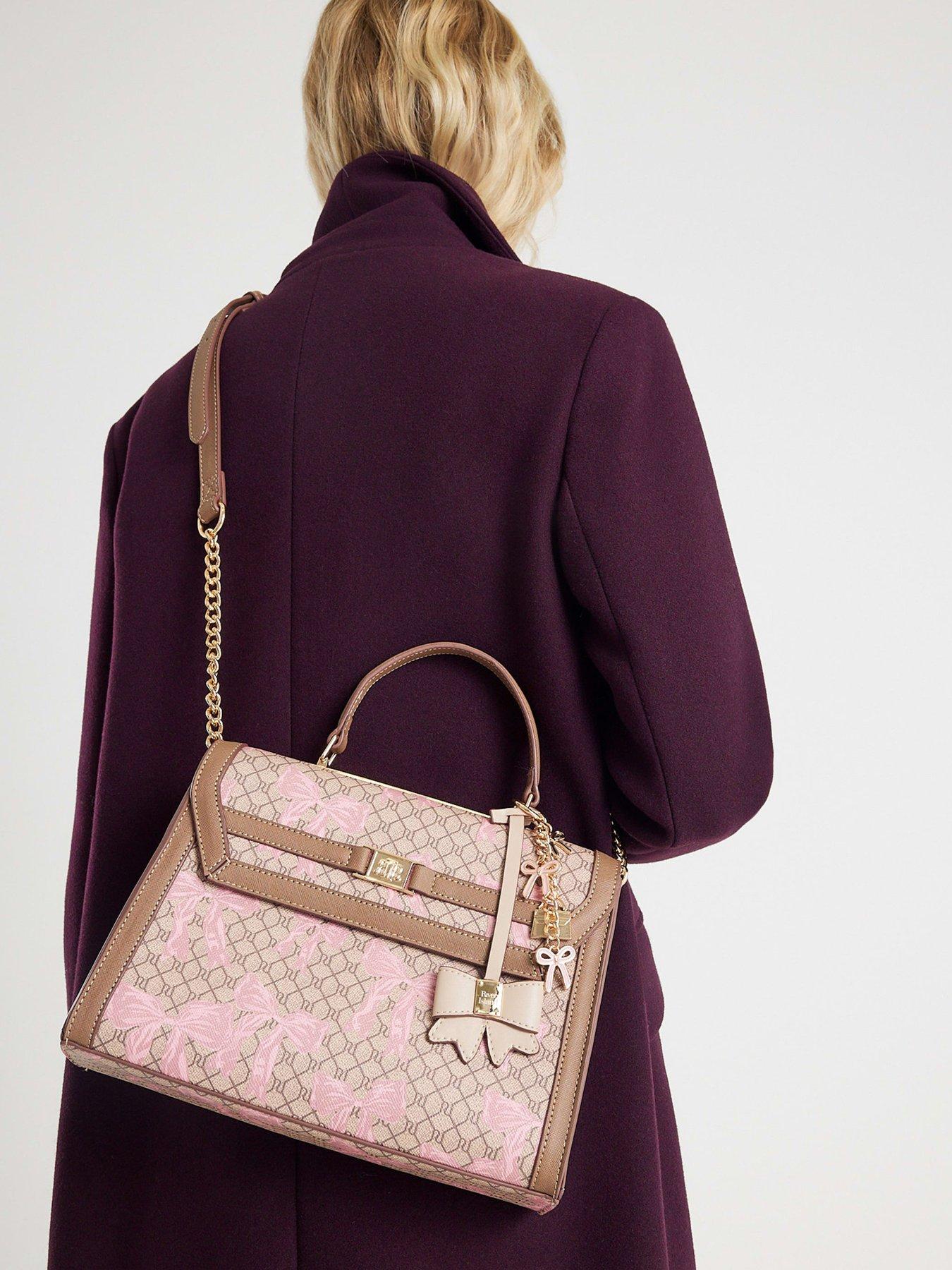 River Island Monogram Bow Print Charm Tote Bag - Beige