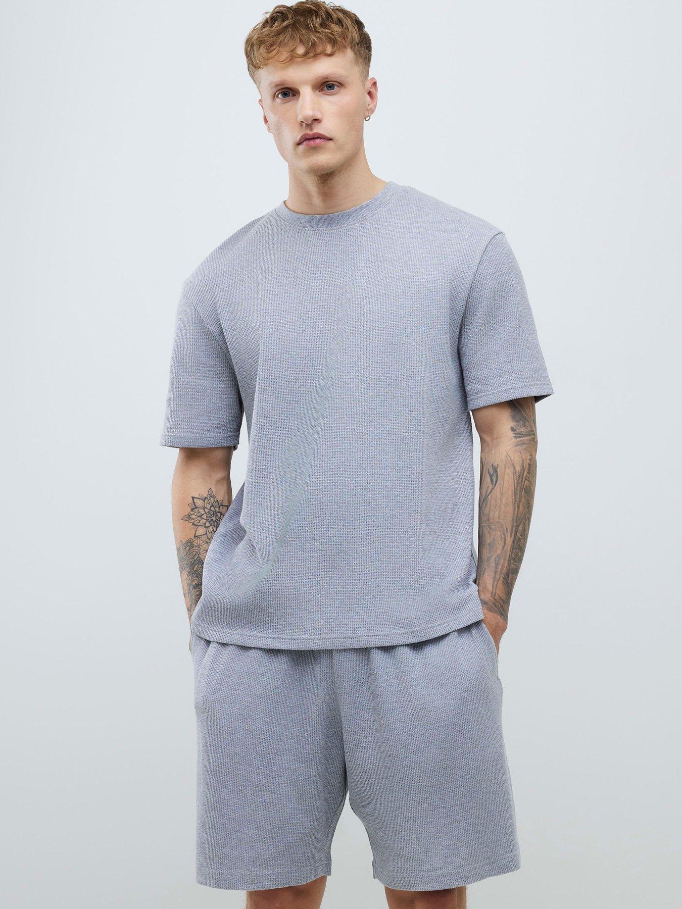  image of river-island-waffle-t-shirt-and-shorts-set-grey