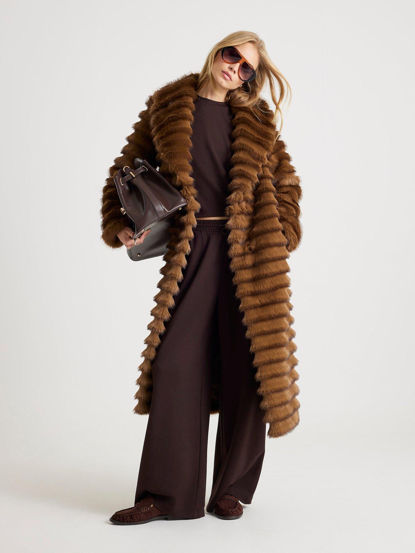 River Island Pelted Faux Fur Longline Coat - Brown