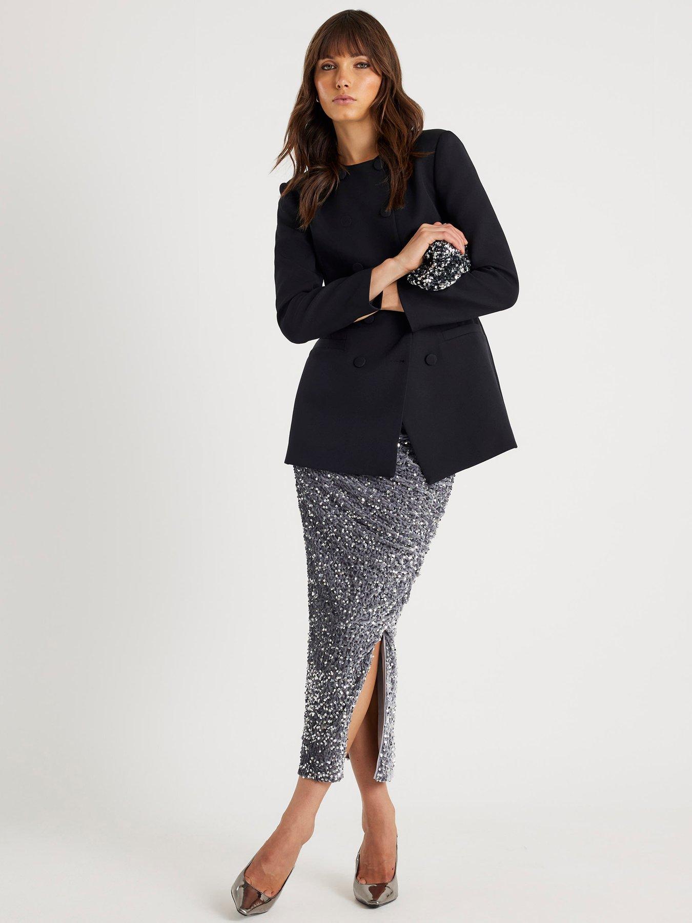 Image 1 of 4 of River Island Ruched Side Velvet Sequin Midi Skirt - Silver