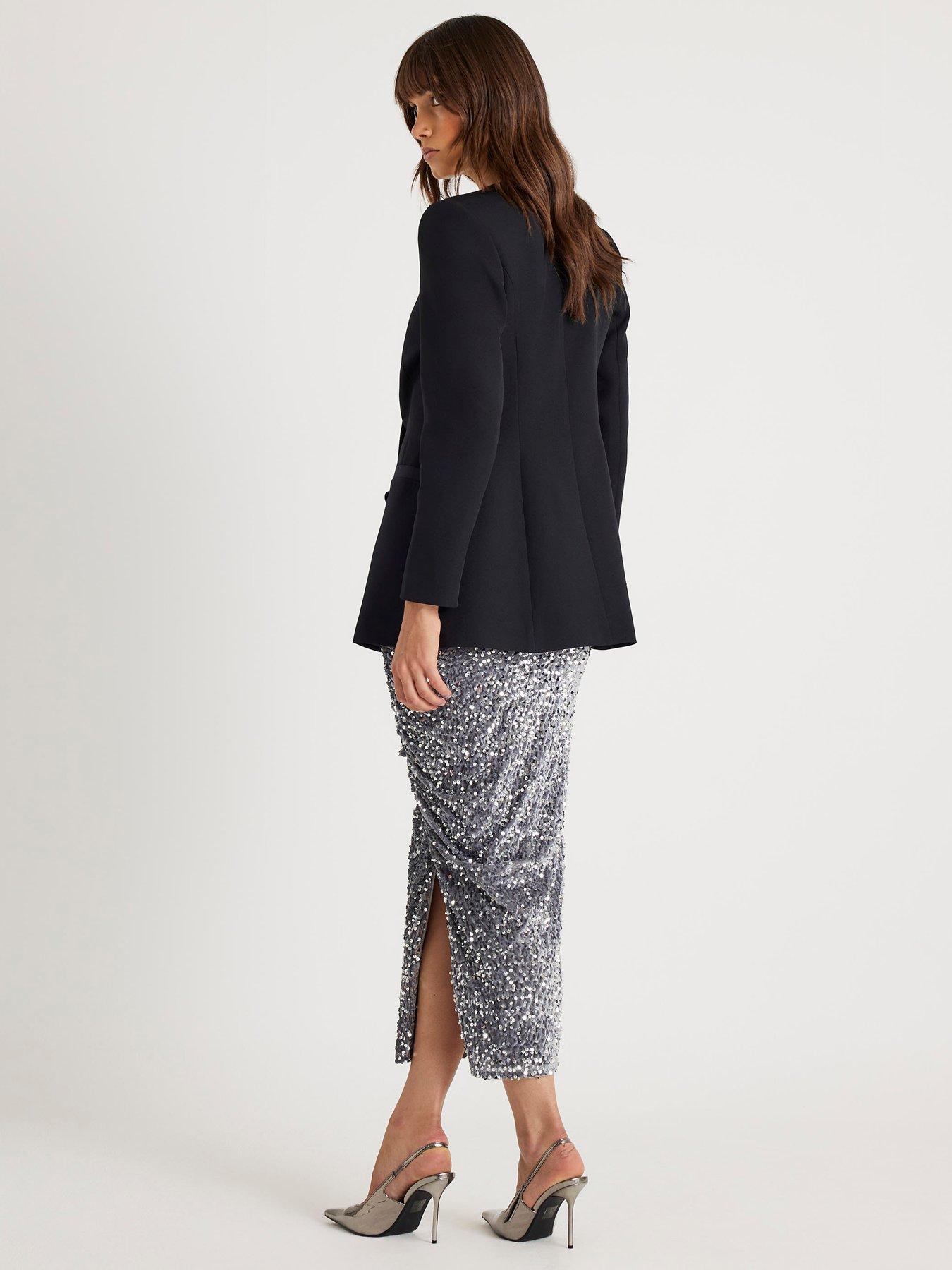 Image 2 of 4 of River Island Ruched Side Velvet Sequin Midi Skirt - Silver