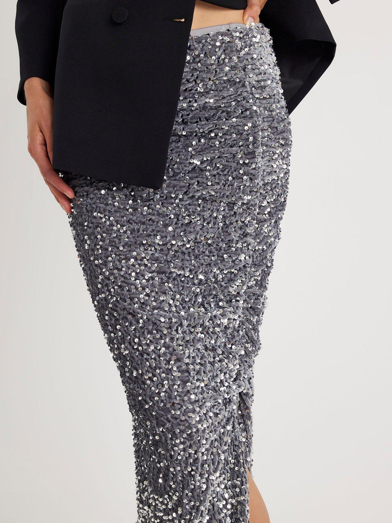 Image 4 of 4 of River Island Ruched Side Velvet Sequin Midi Skirt - Silver