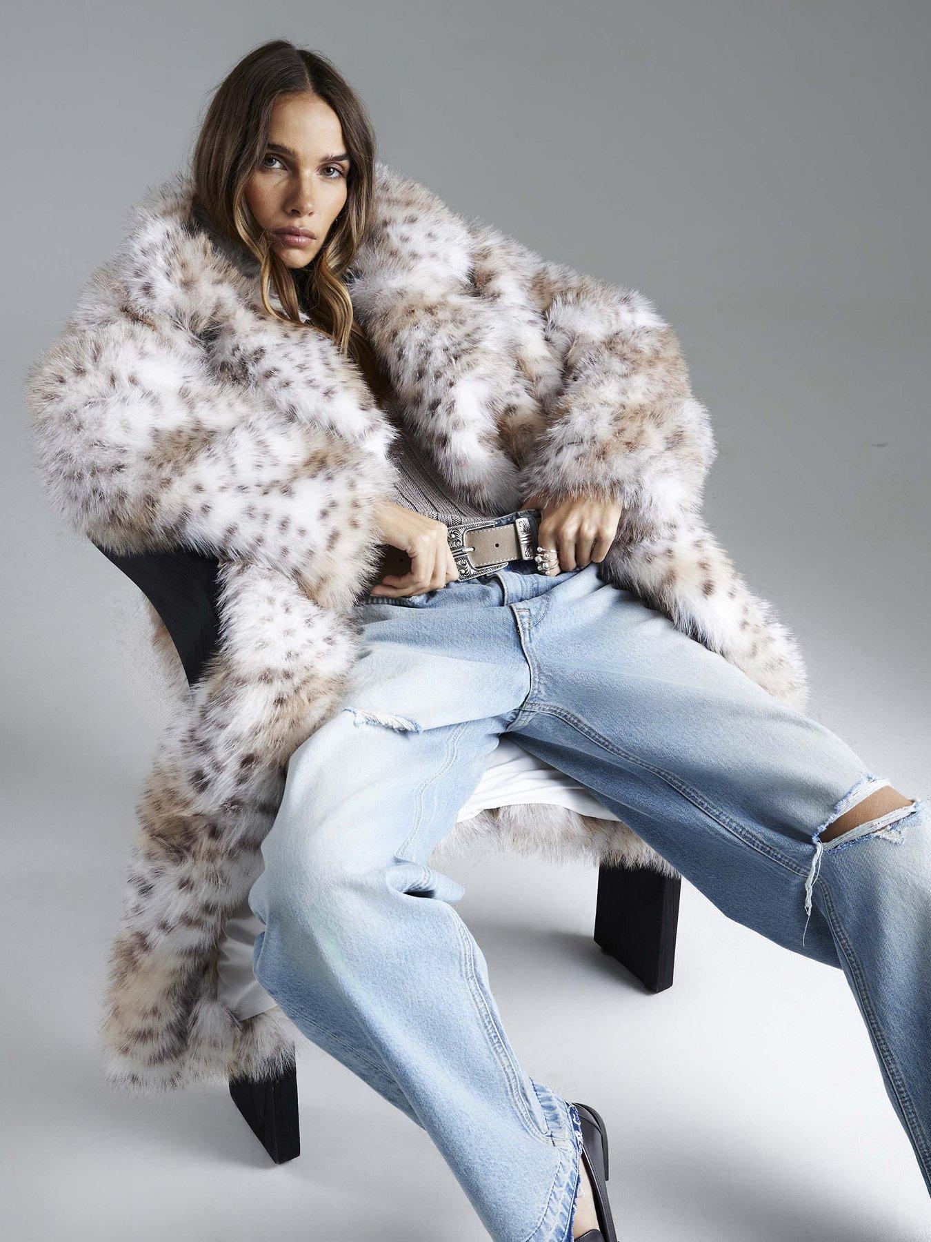 River Island Faux Fur Leopard Print Longline Coat - Cream