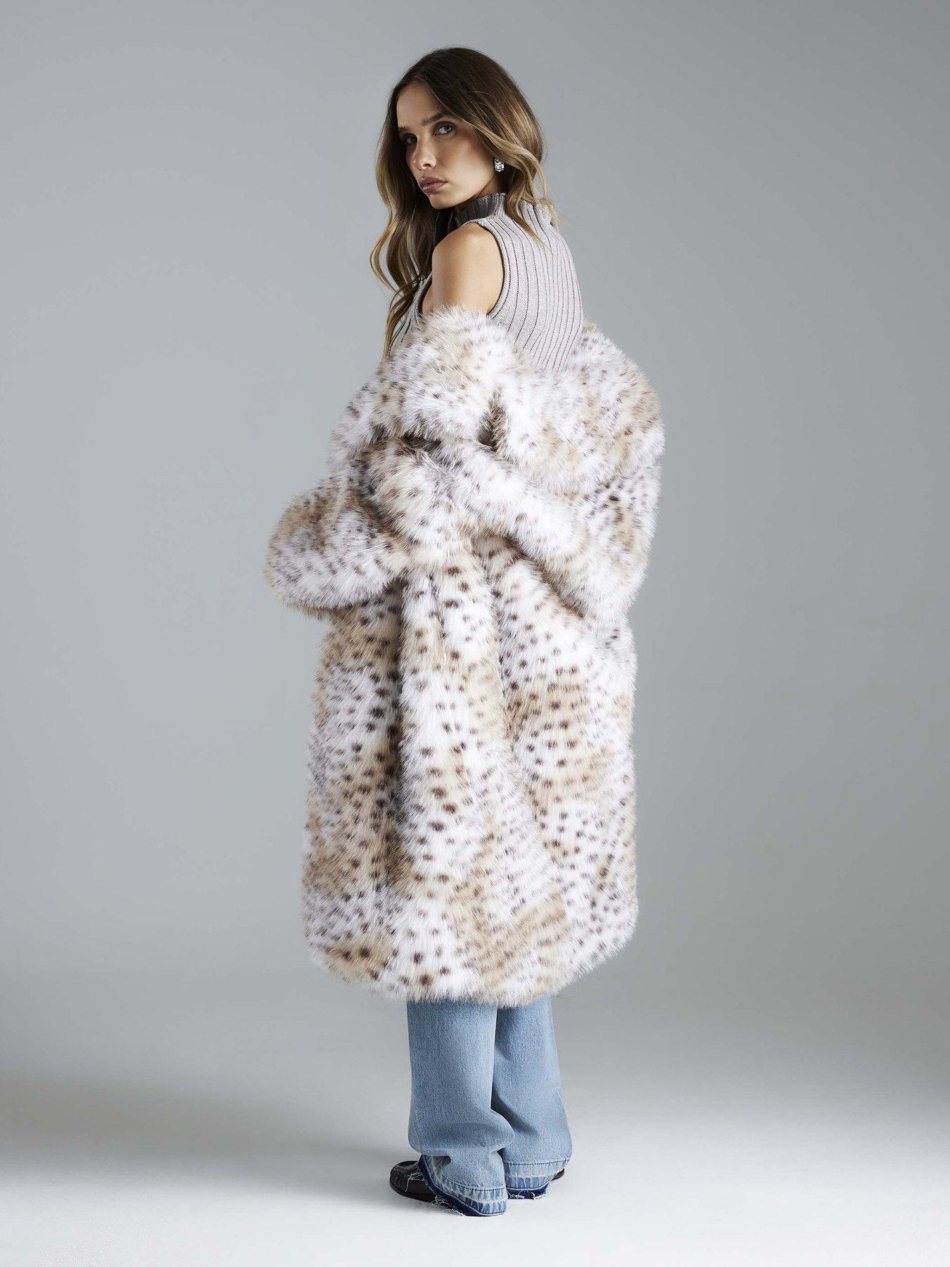  image of river-island-faux-fur-leopard-print-longline-coat-cream