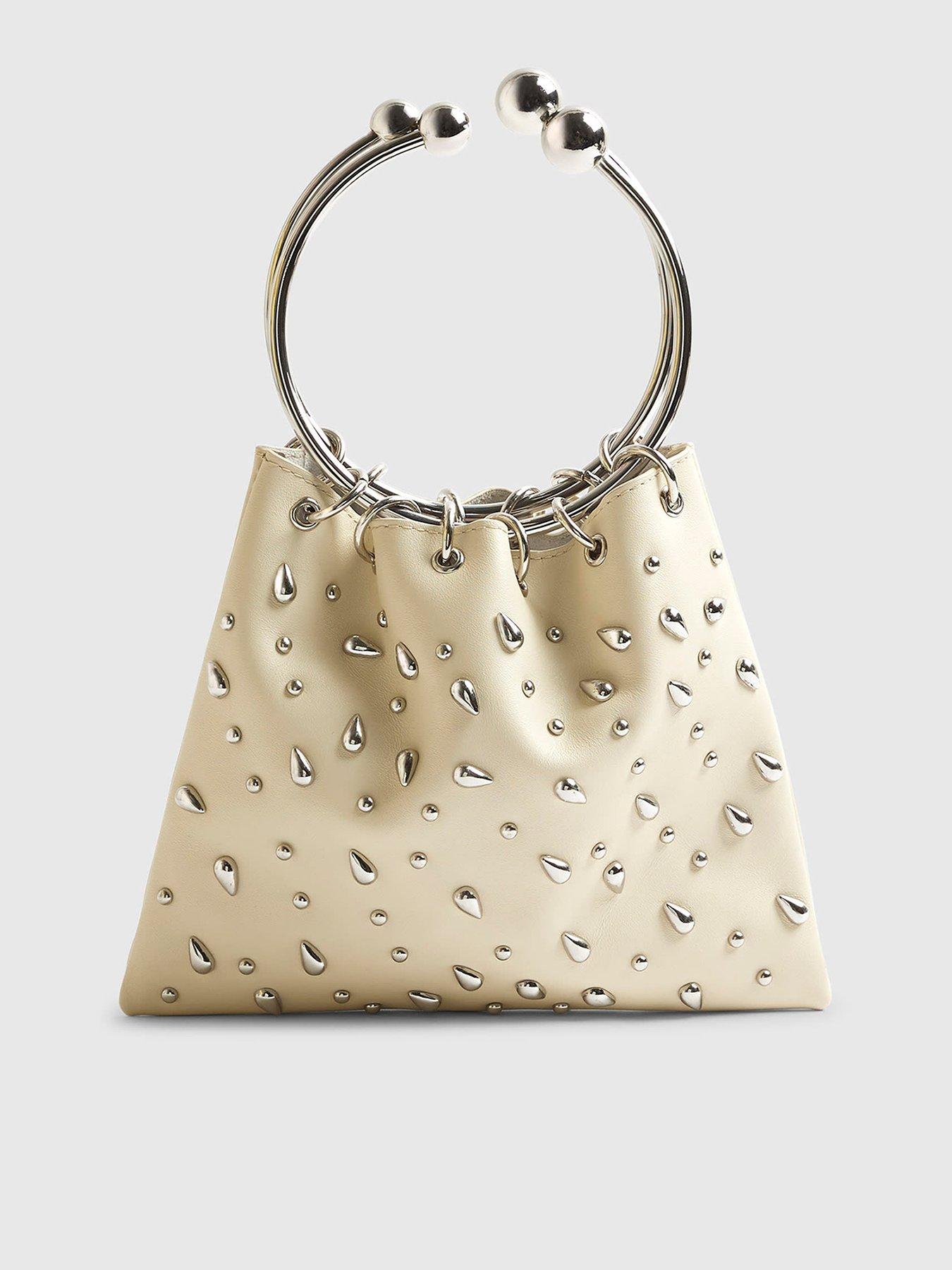 River Island Studded Leather Clutch Bag - Cream