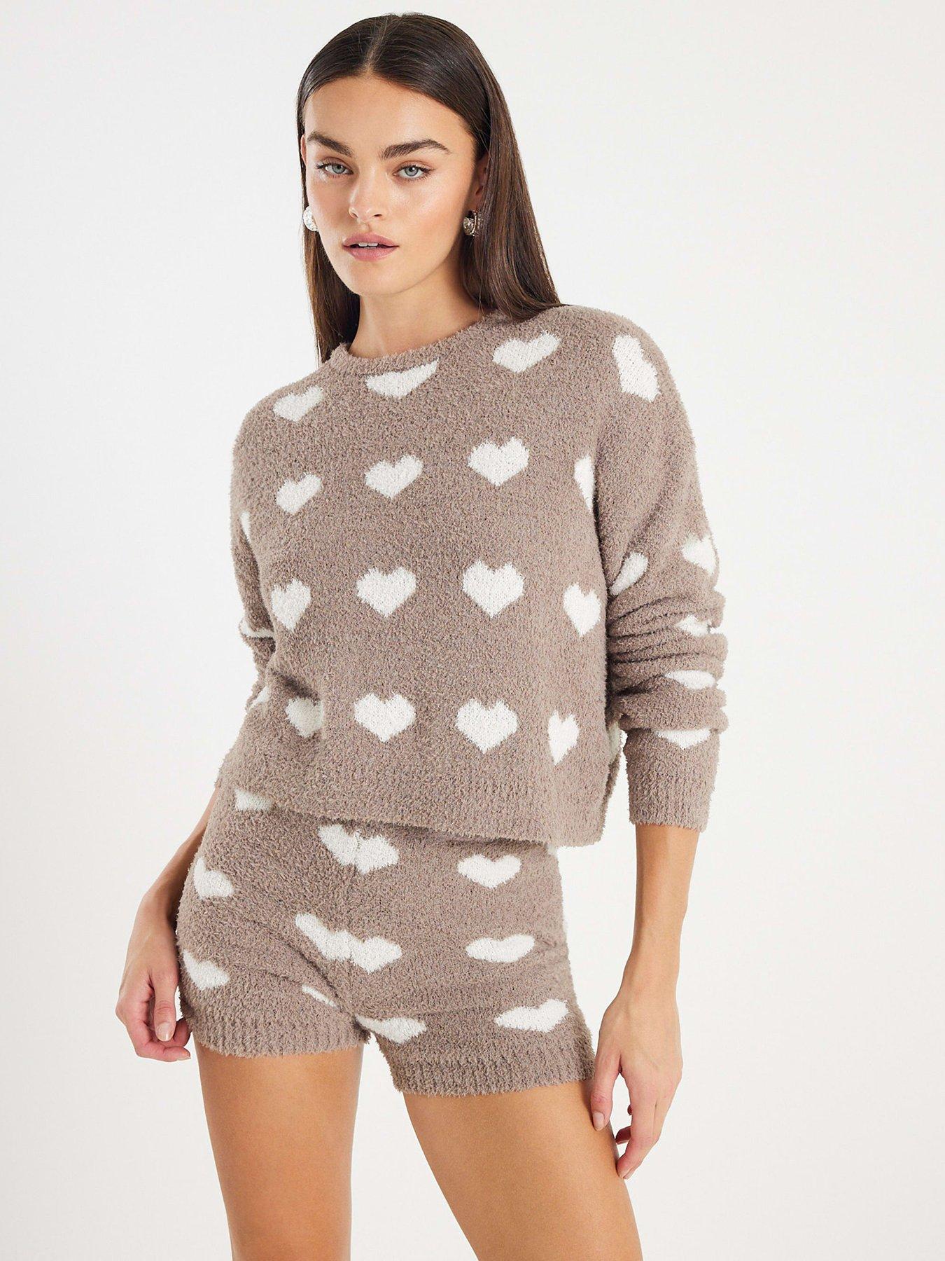 River Island Fluffy Heart Jumper Shorts Set - Brown