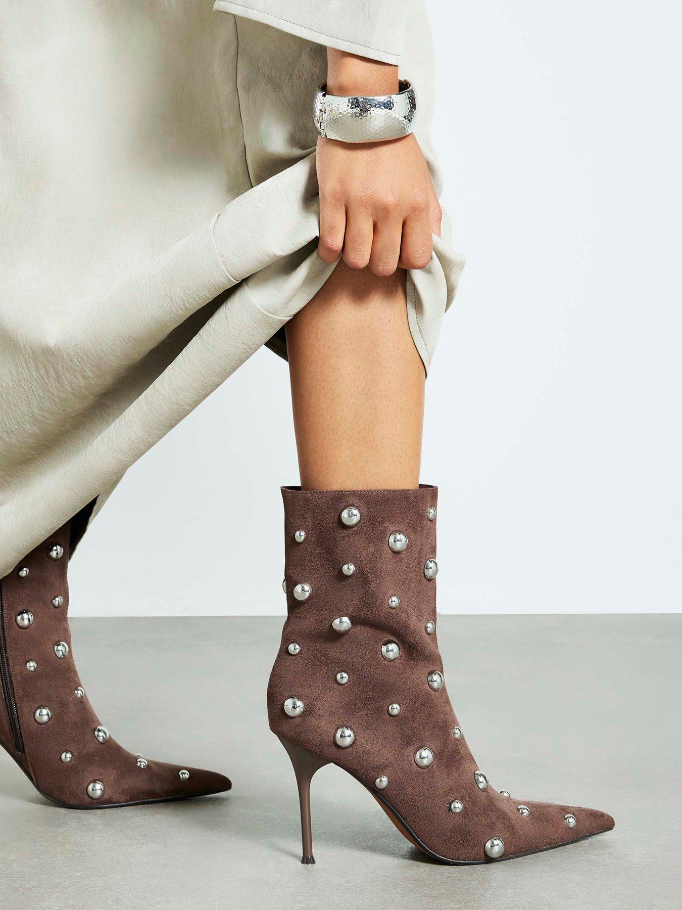 River Island Faux Suede Studded Heeled Ankle Boots - Beige