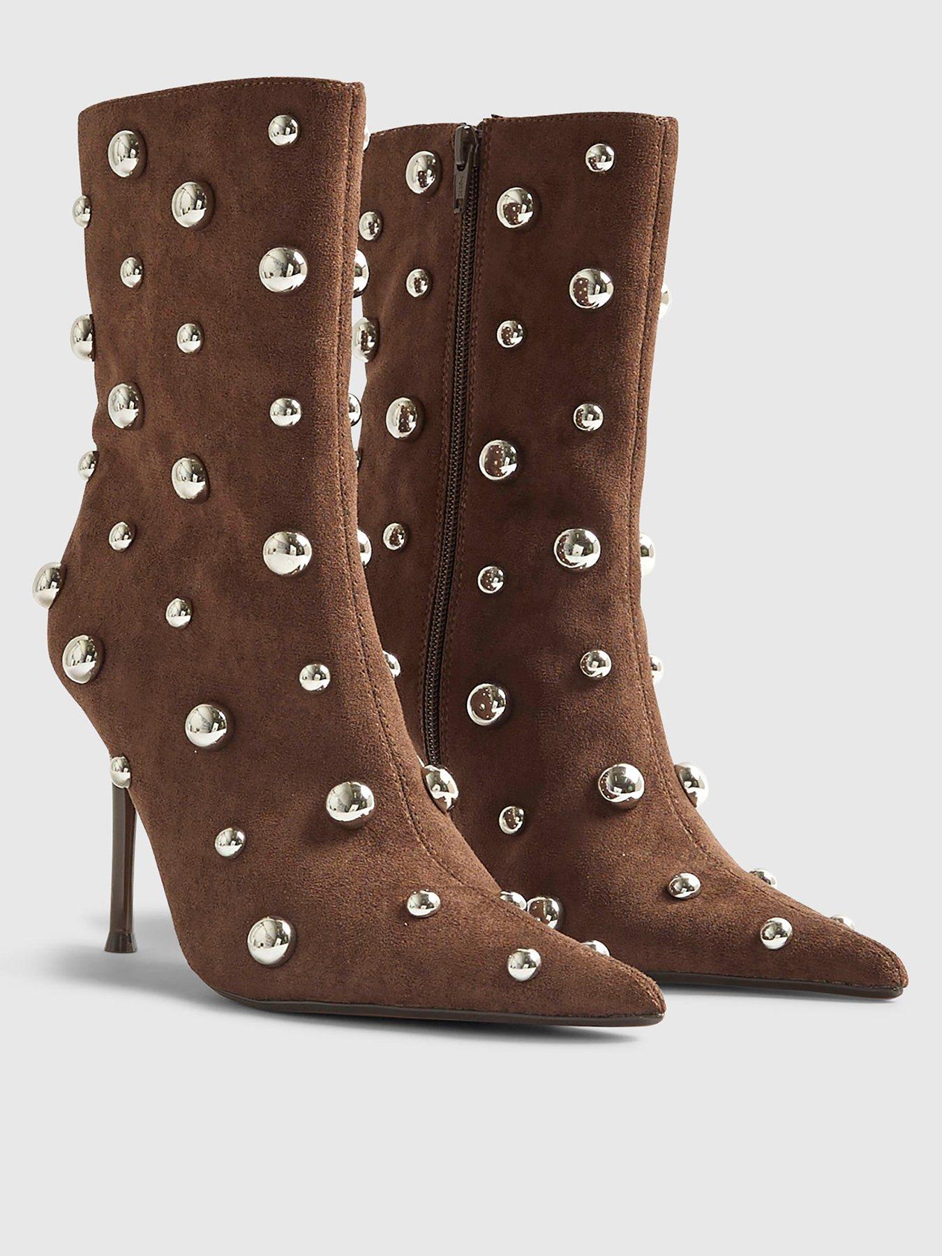  image of river-island-faux-suede-studded-heeled-ankle-boots-beige