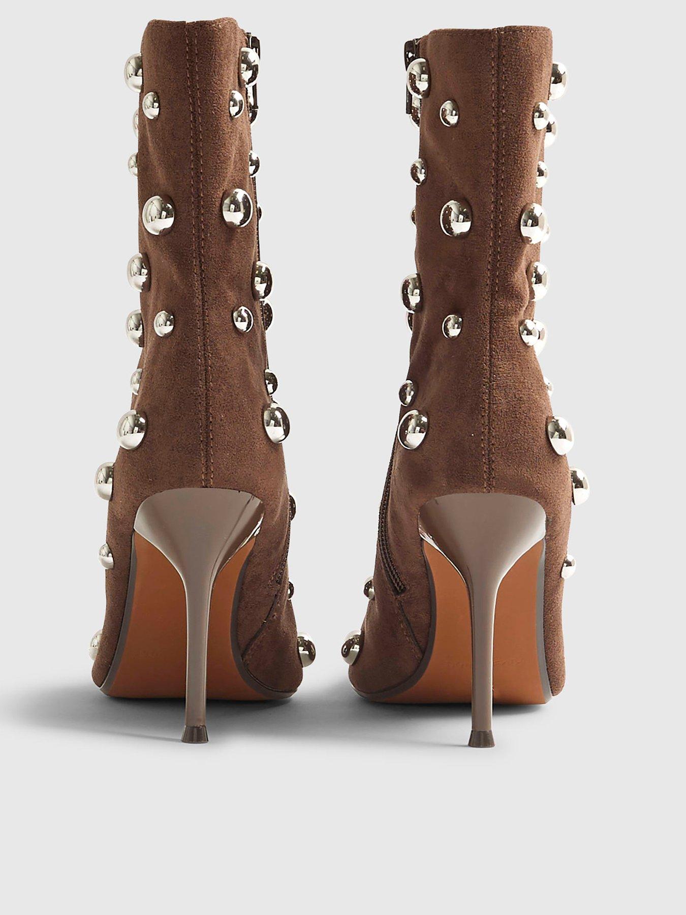  image of river-island-faux-suede-studded-heeled-ankle-boots-beige