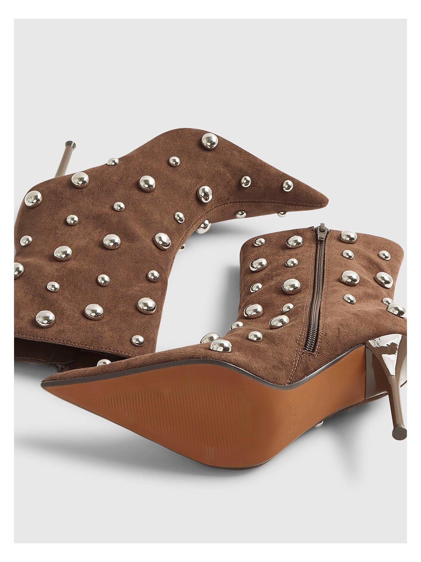  image of river-island-faux-suede-studded-heeled-ankle-boots-beige