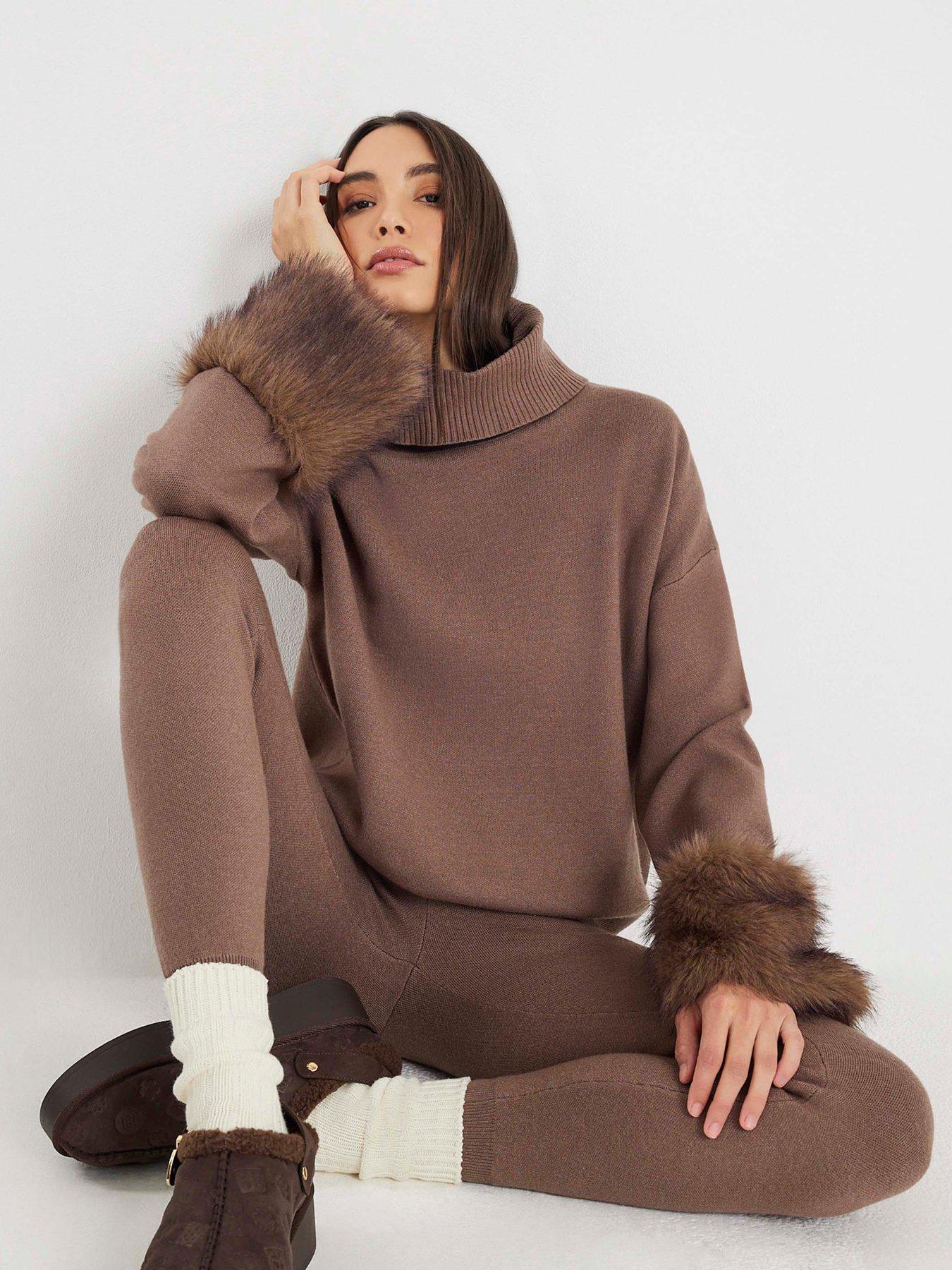 Image 1 of 4 of River Island Knitted Faux Fur Cuff Jumper - Brown