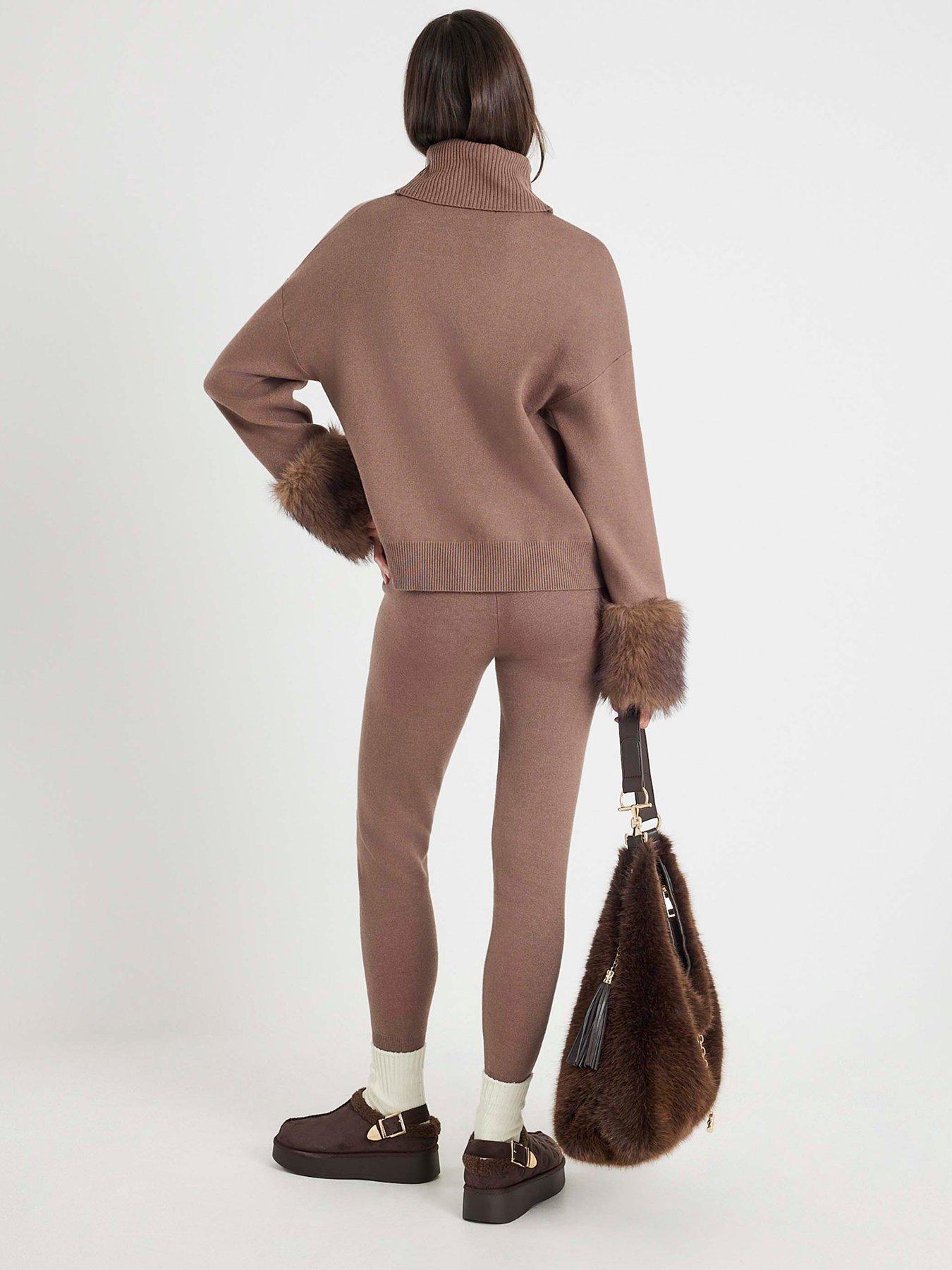 Image 2 of 4 of River Island Knitted Faux Fur Cuff Jumper - Brown