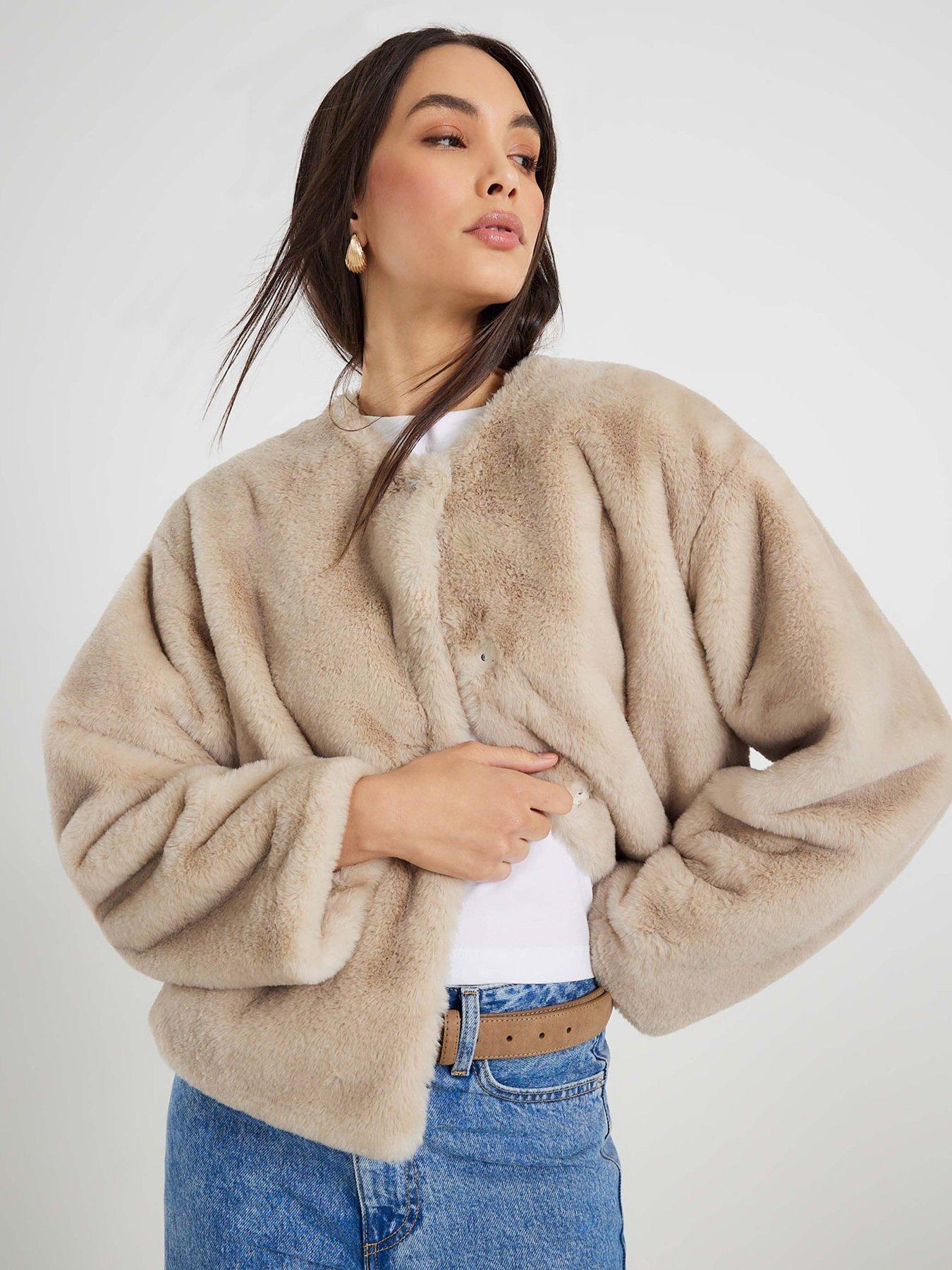 River Island Scarf Detail Faux Fur Coat - Cream
