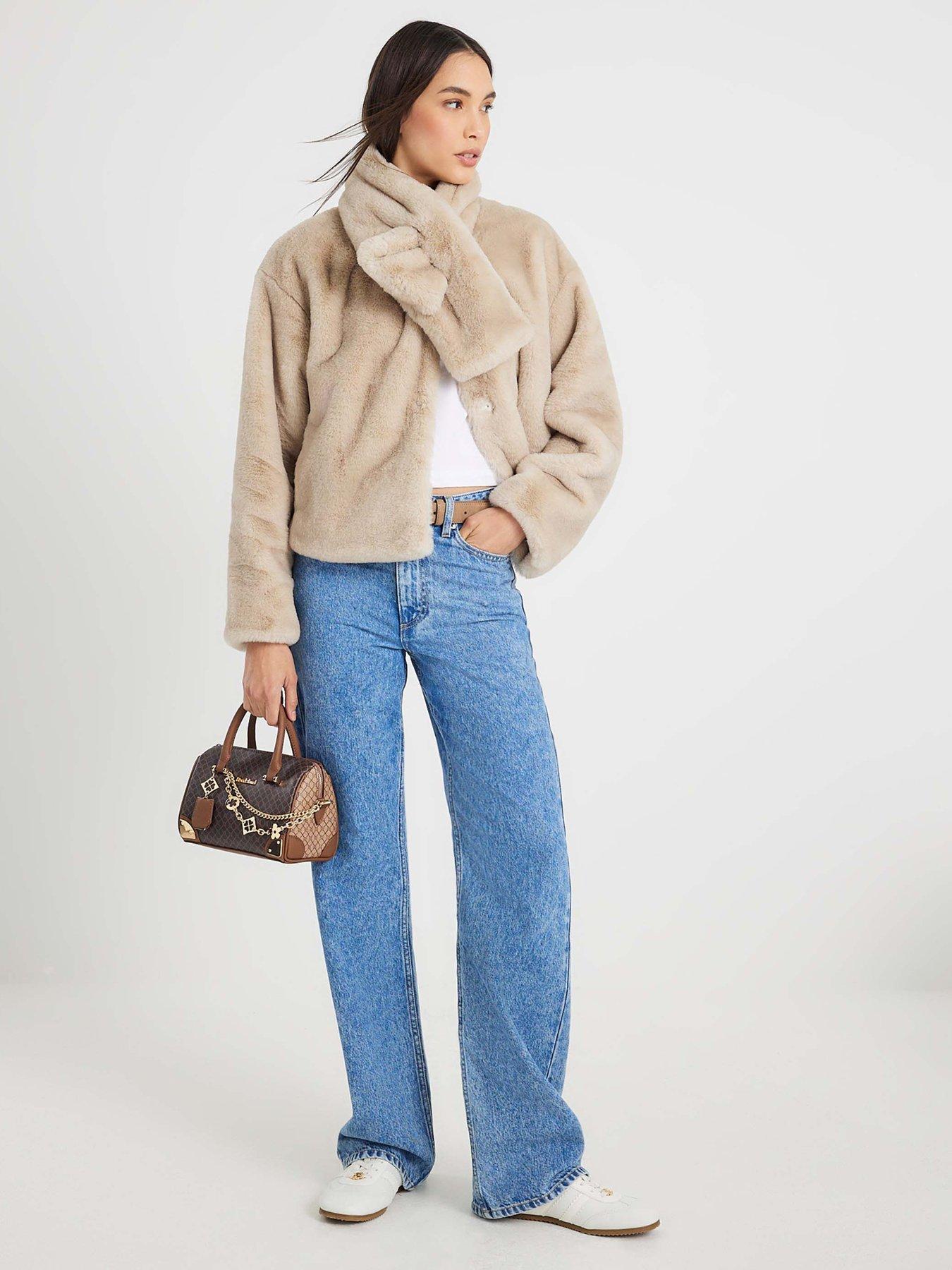 Image 3 of 4 of River Island Scarf Detail Faux Fur Coat - Cream