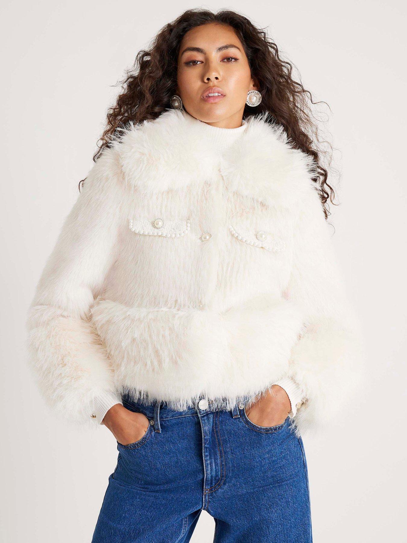 River Island Faux Fur Boucle Hybrid Trophy Jacket - Cream