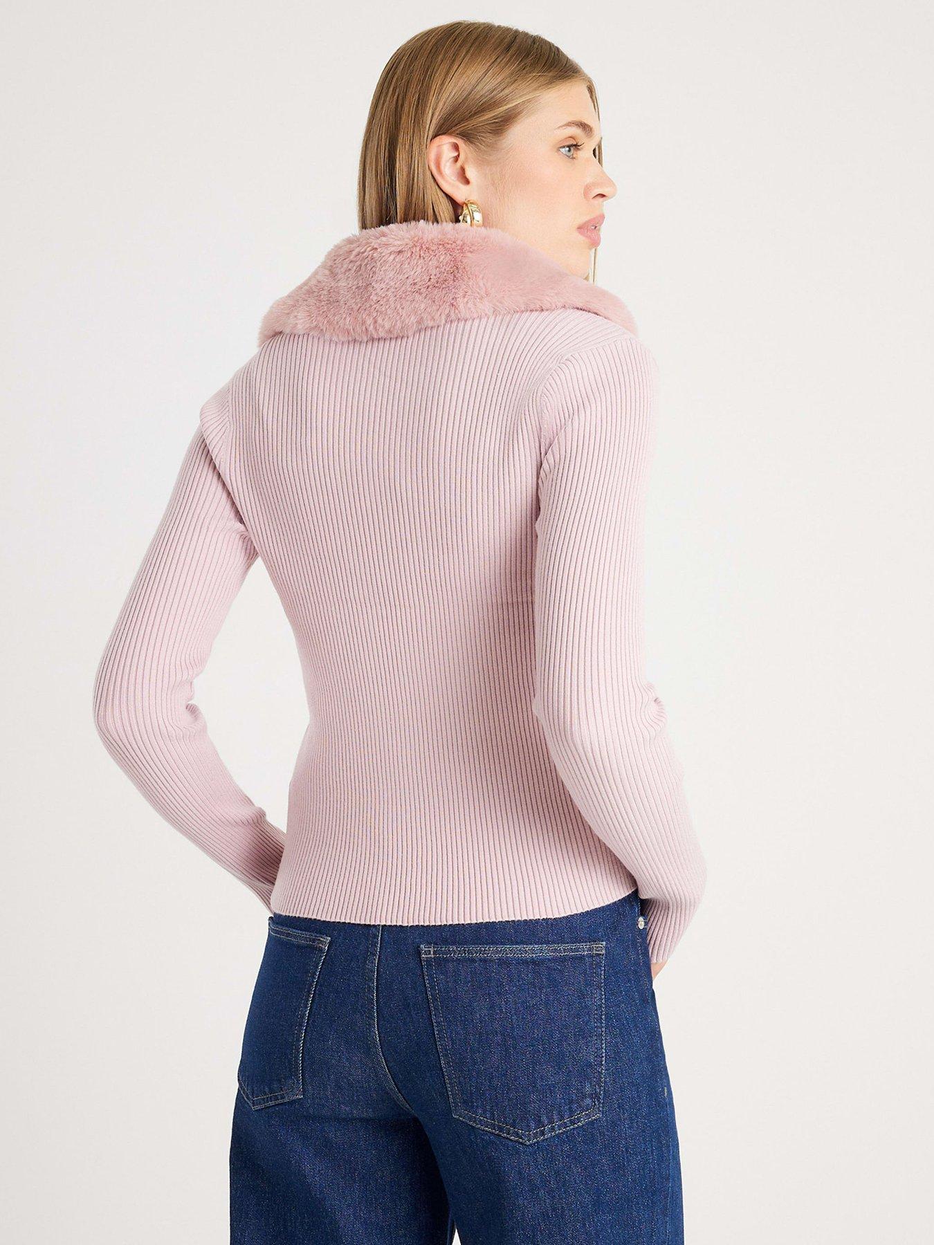 stillFront image of river-island-faux-fur-trim-cardigan-cami-set-pink
