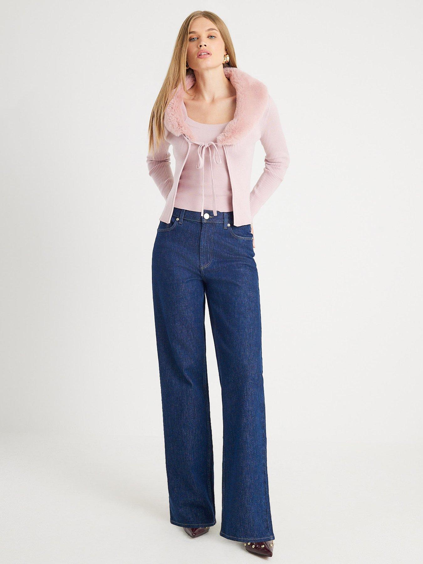  image of river-island-faux-fur-trim-cardigan-cami-set-pink