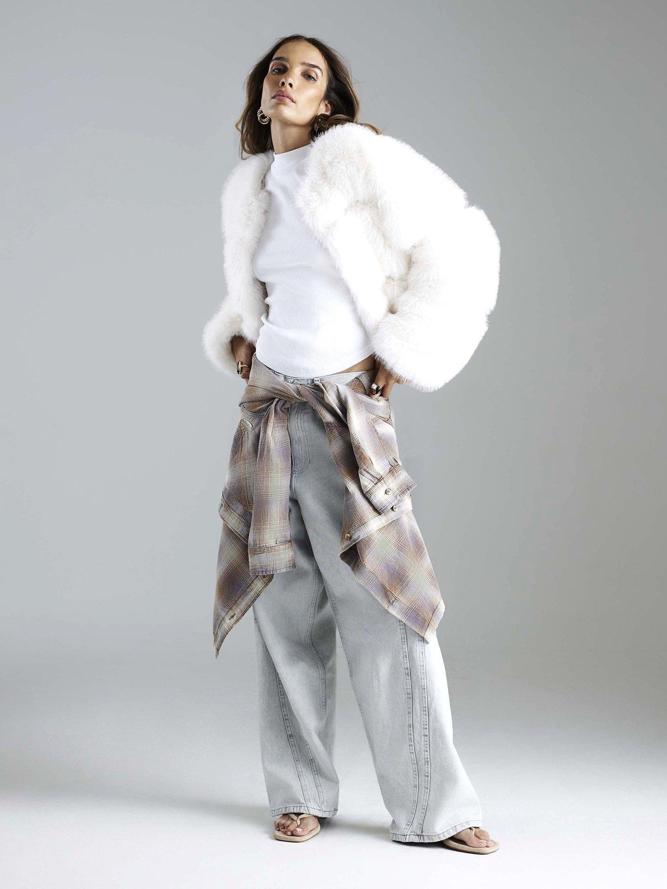 River Island Faux Fur Cropped Panelled Coat - Cream