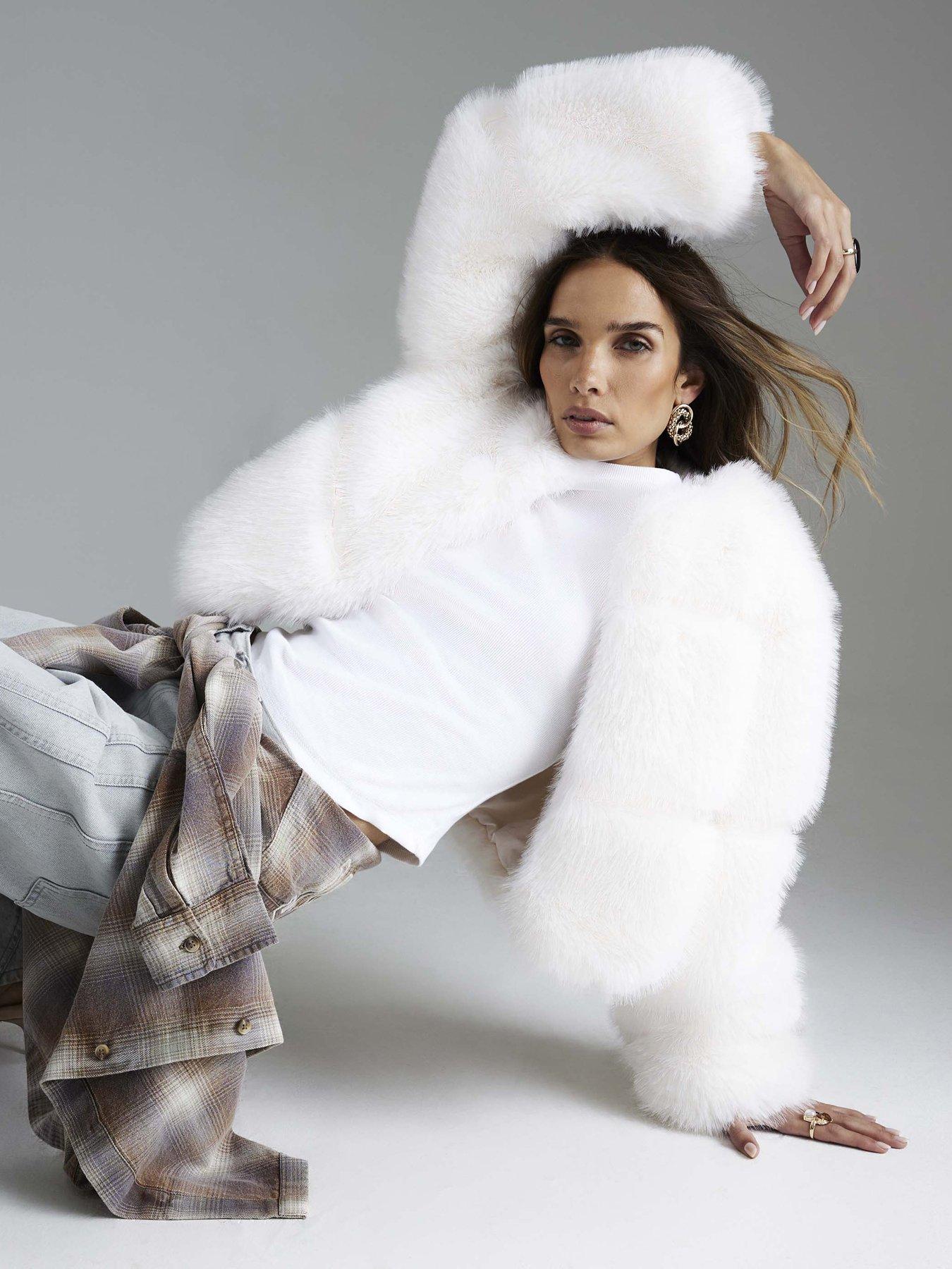  image of river-island-faux-fur-cropped-panelled-coat-cream