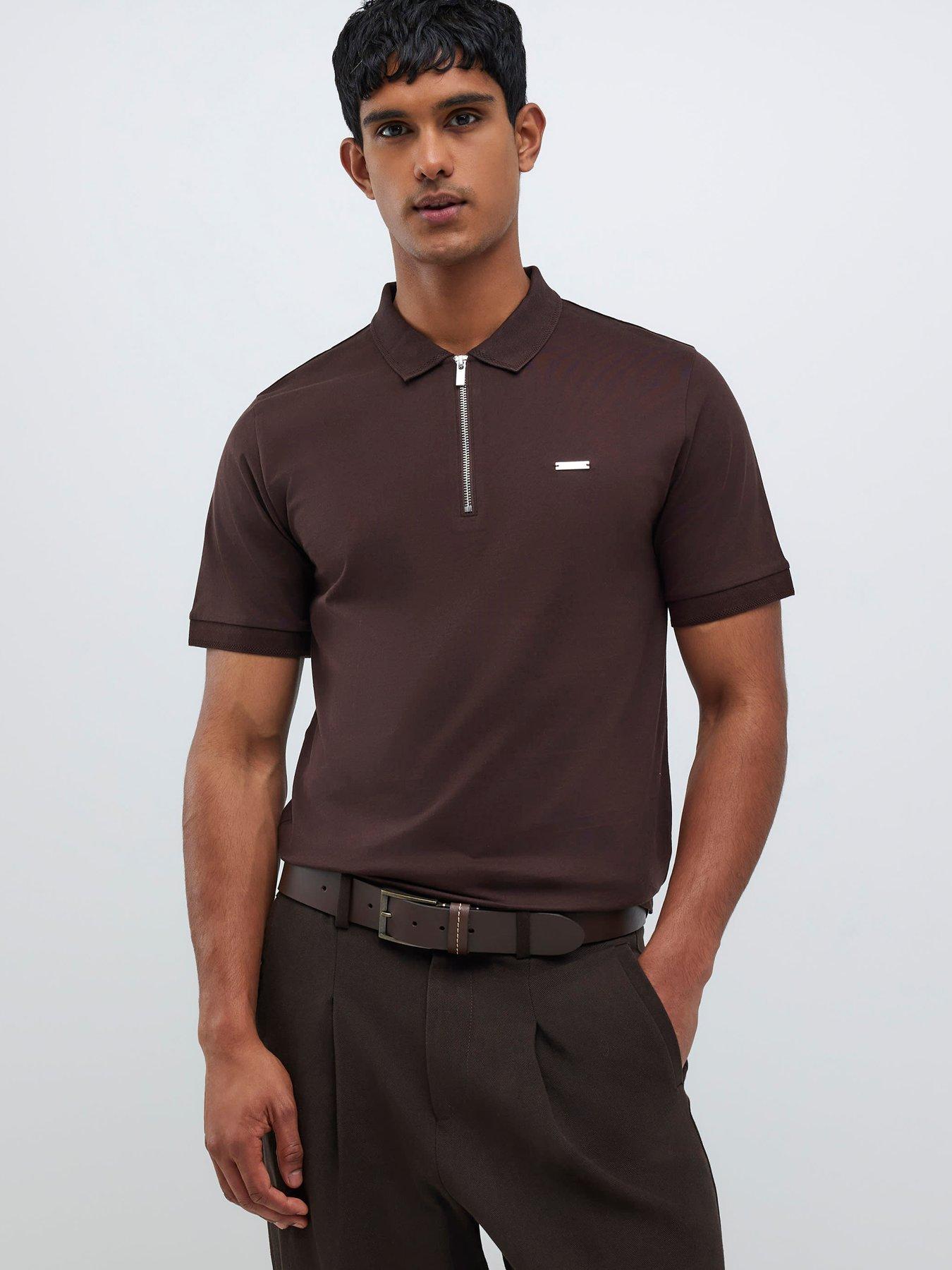 front image of river-island-slim-fit-premium-polo-shirt-brown