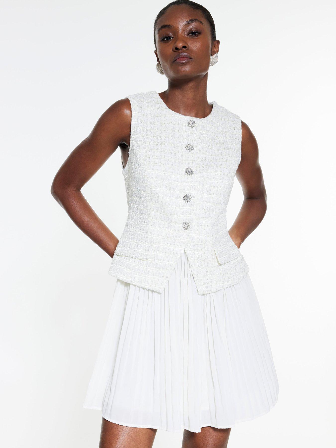 front image of river-island-boucle-hybrid-pleated-mini-dress-cream