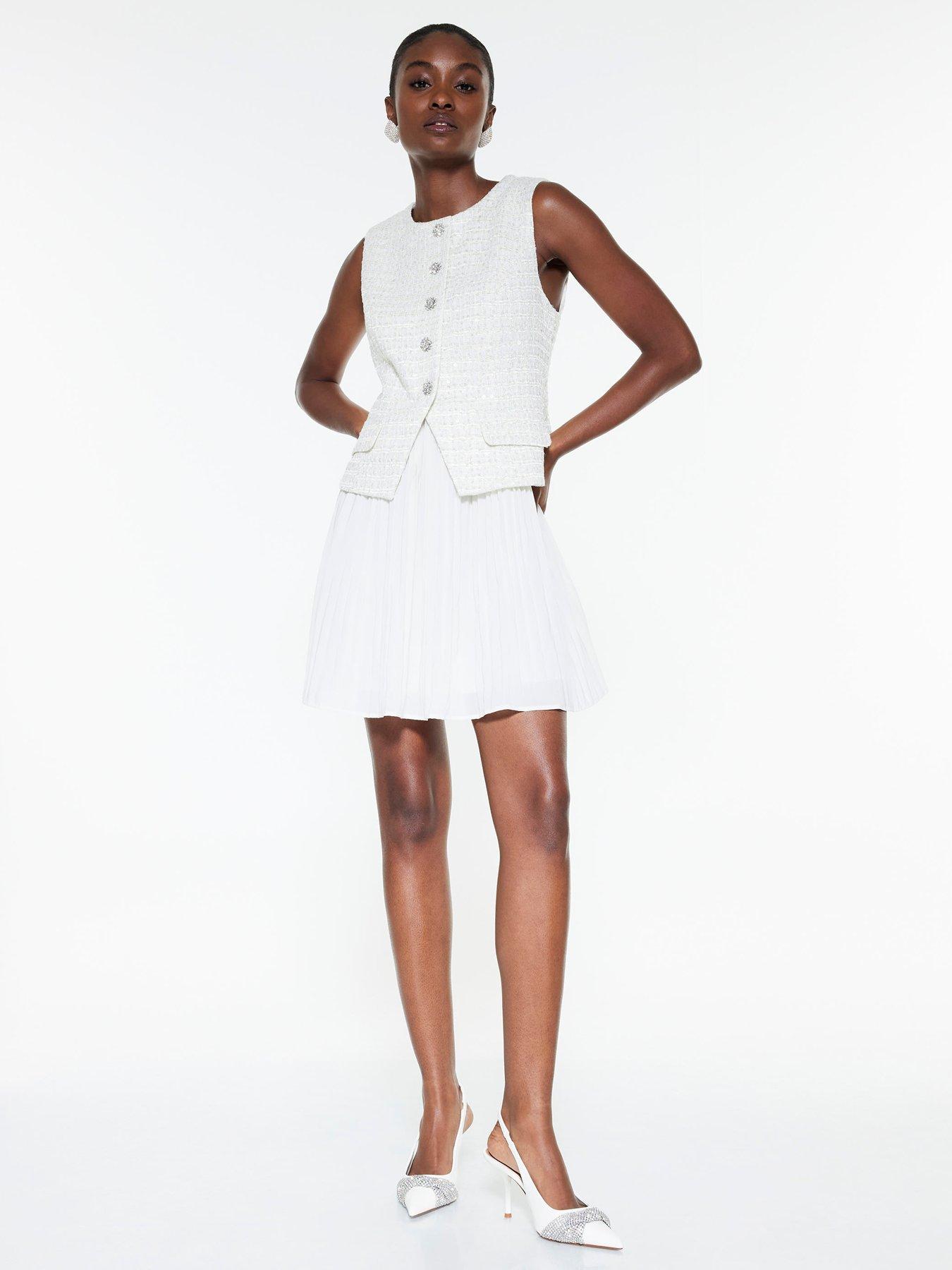  image of river-island-boucle-hybrid-pleated-mini-dress-cream