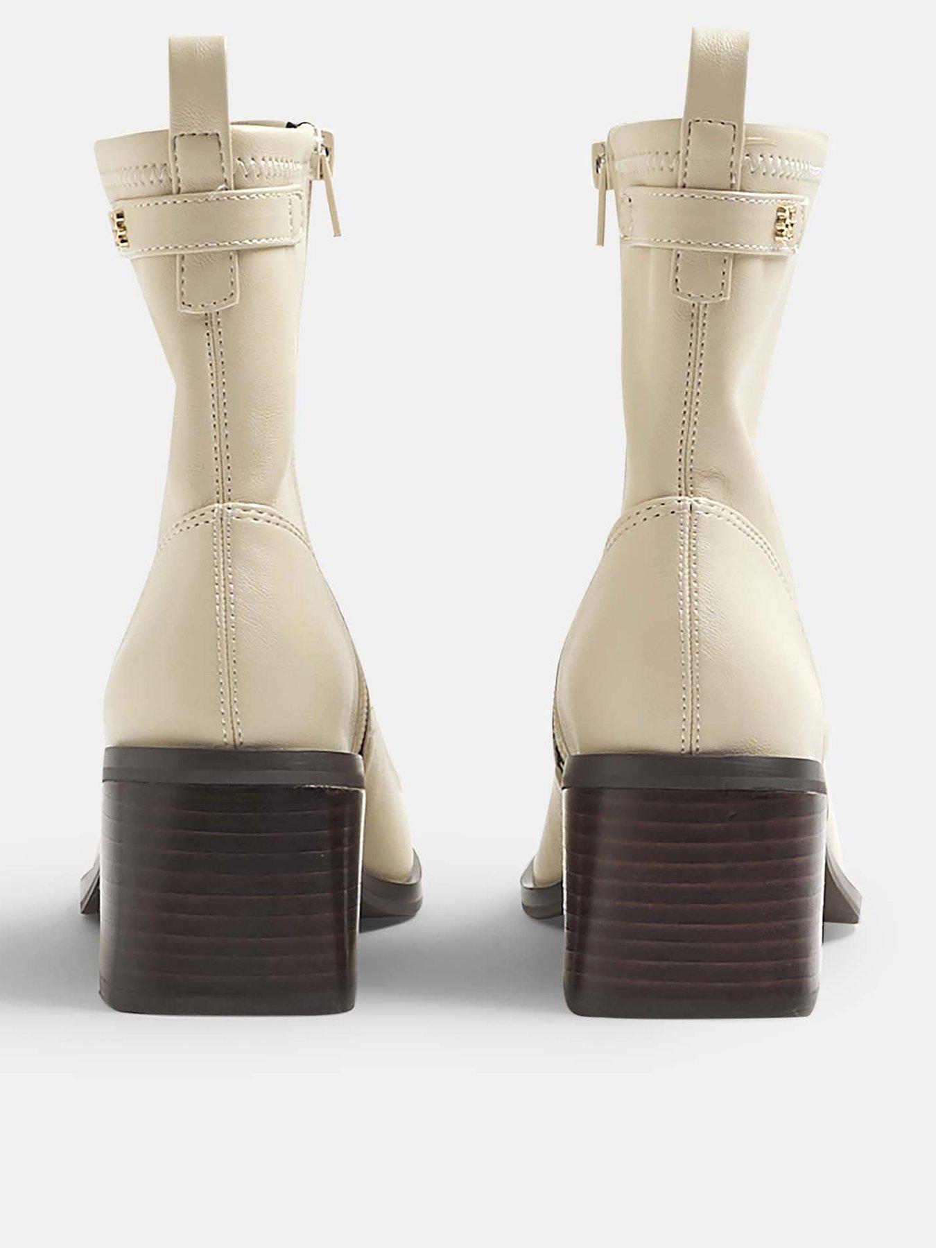 Image 4 of 5 of River Island Block Heel Stretch Sock Boots - Cream