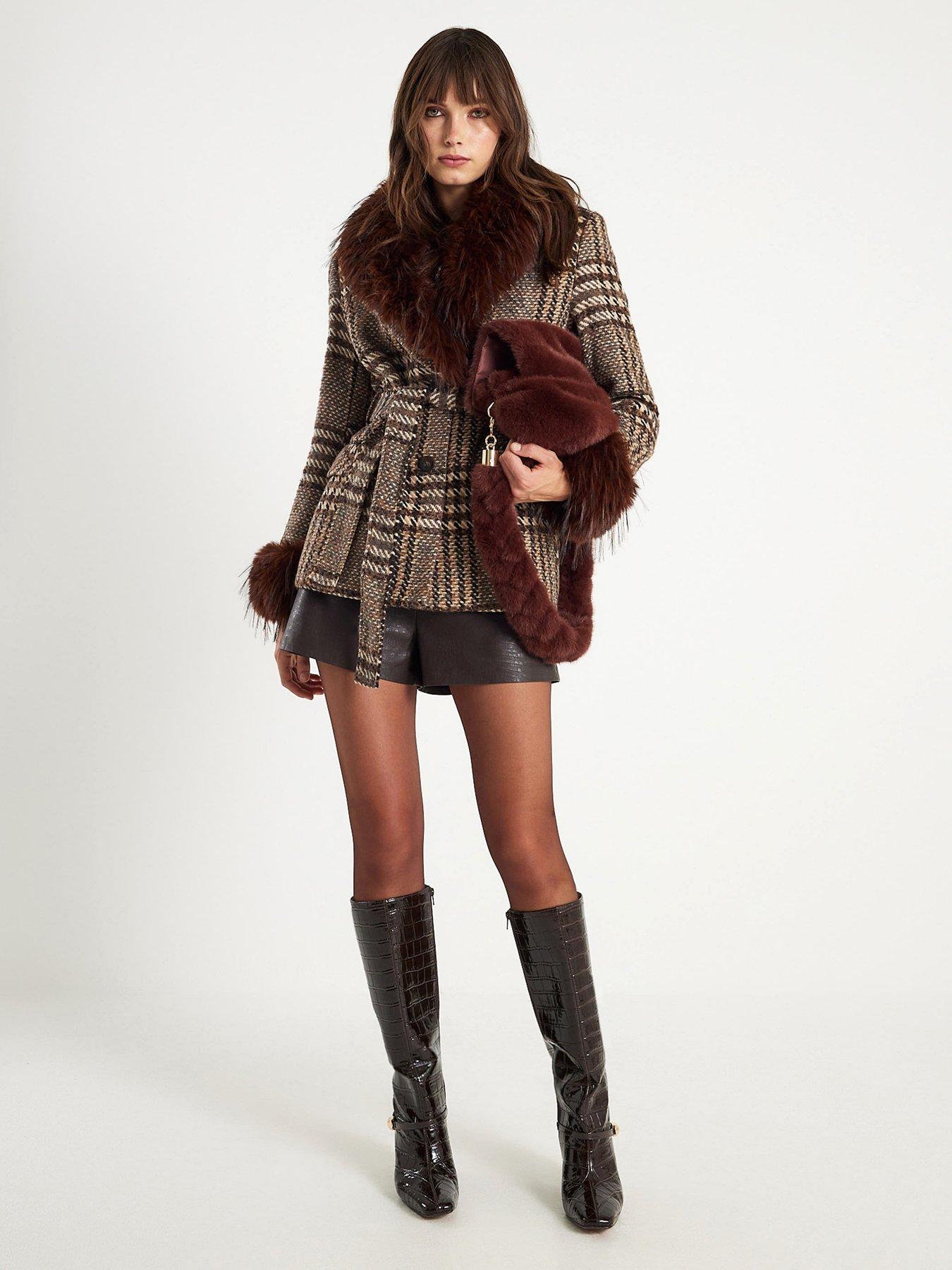  image of river-island-faux-fur-collar-check-wrap-coat-brown
