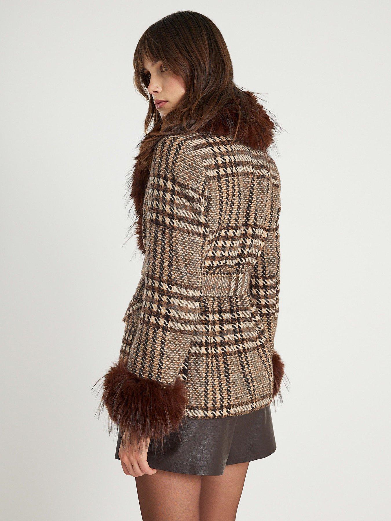  image of river-island-faux-fur-collar-check-wrap-coat-brown