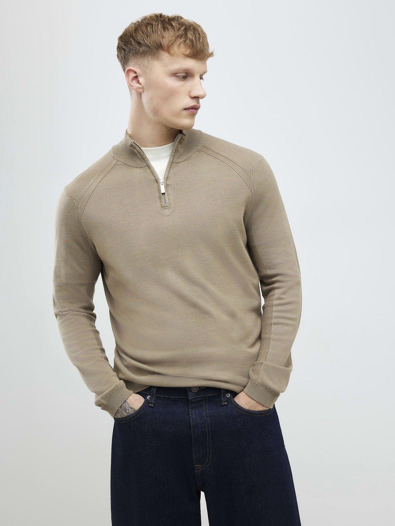 River Island Beige Slim Fit Half Zip Jumper - Natural