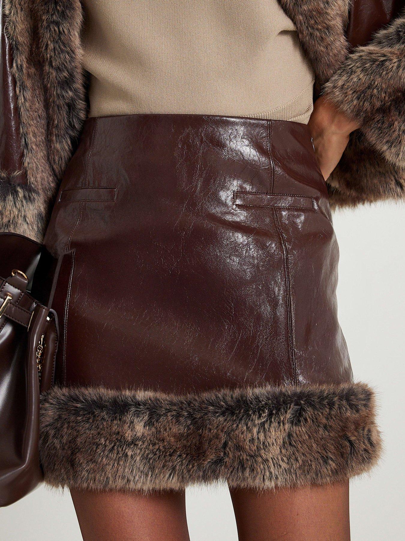  image of river-island-faux-fur-trim-mini-skirt-brown