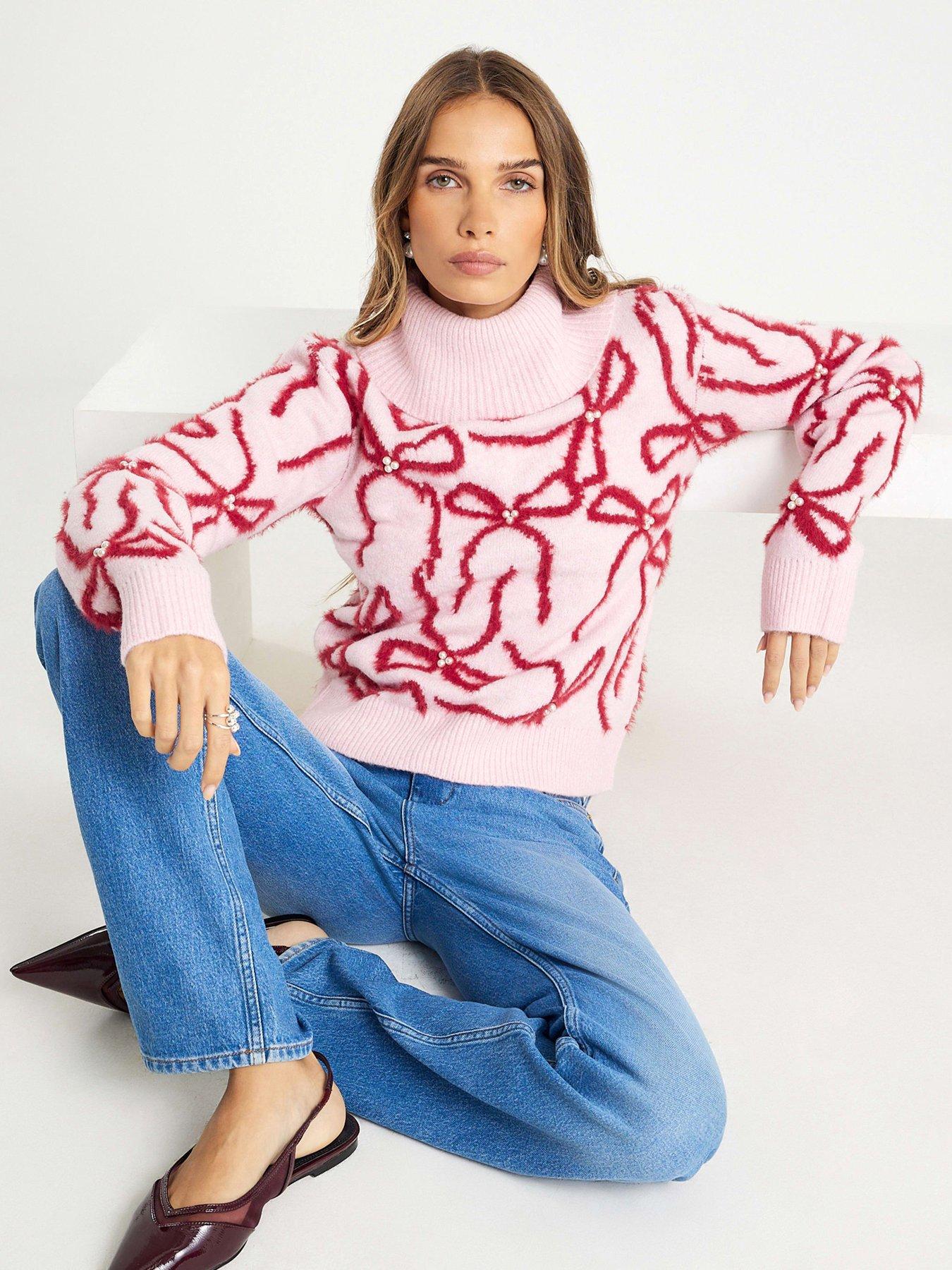 front image of river-island-roll-neck-bow-pearl-jumper-pink