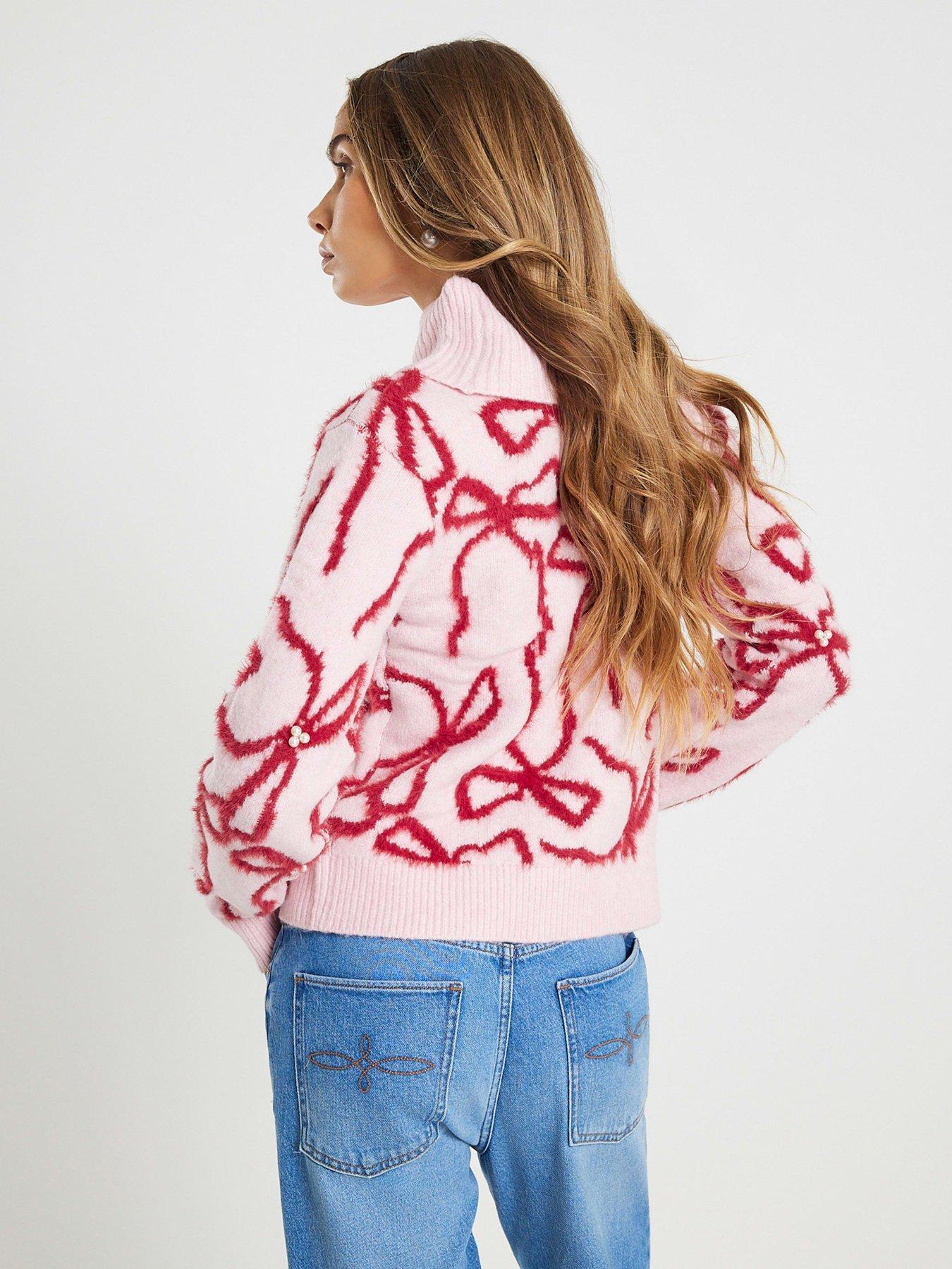 stillFront image of river-island-roll-neck-bow-pearl-jumper-pink