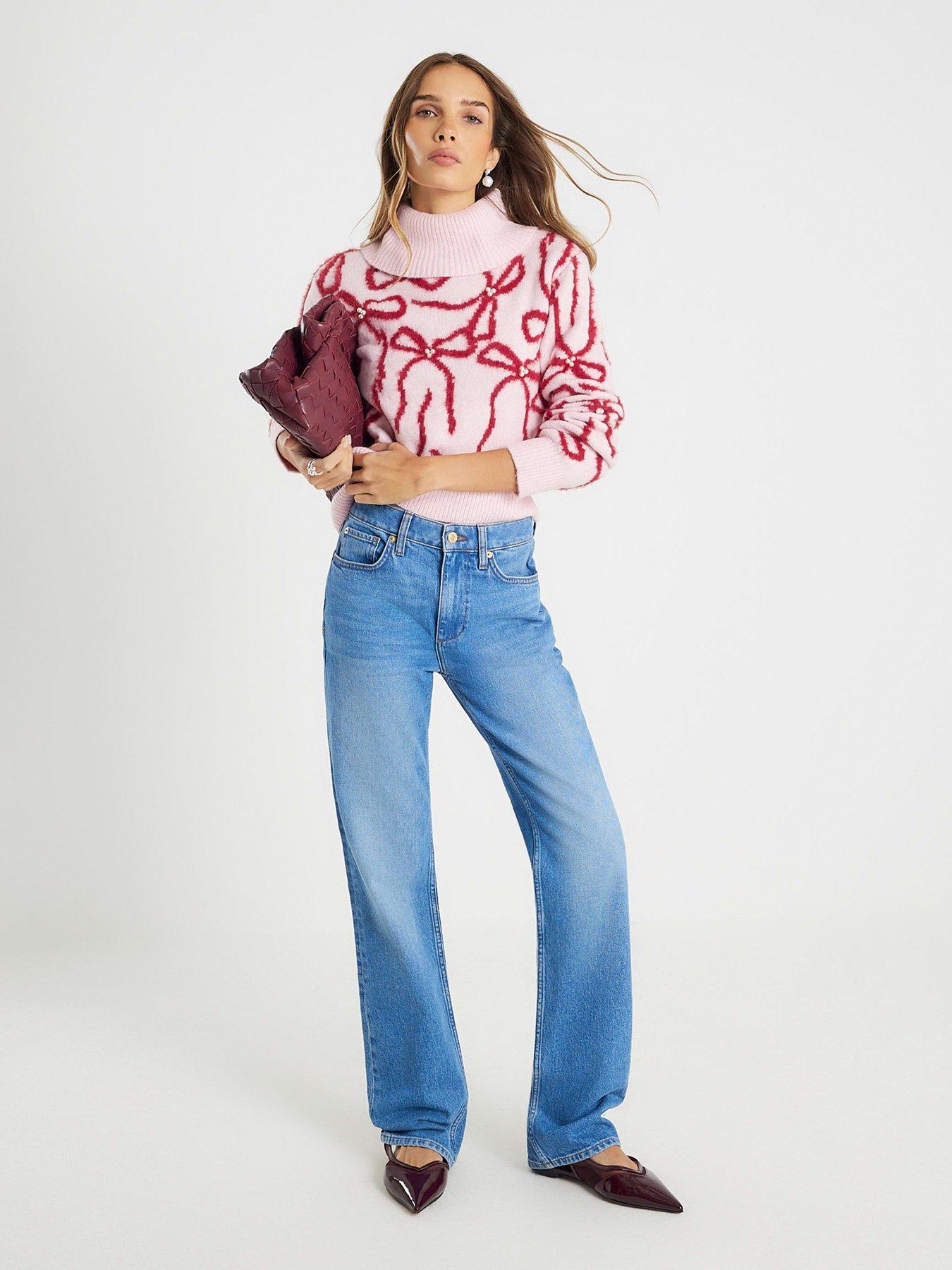 image of river-island-roll-neck-bow-pearl-jumper-pink