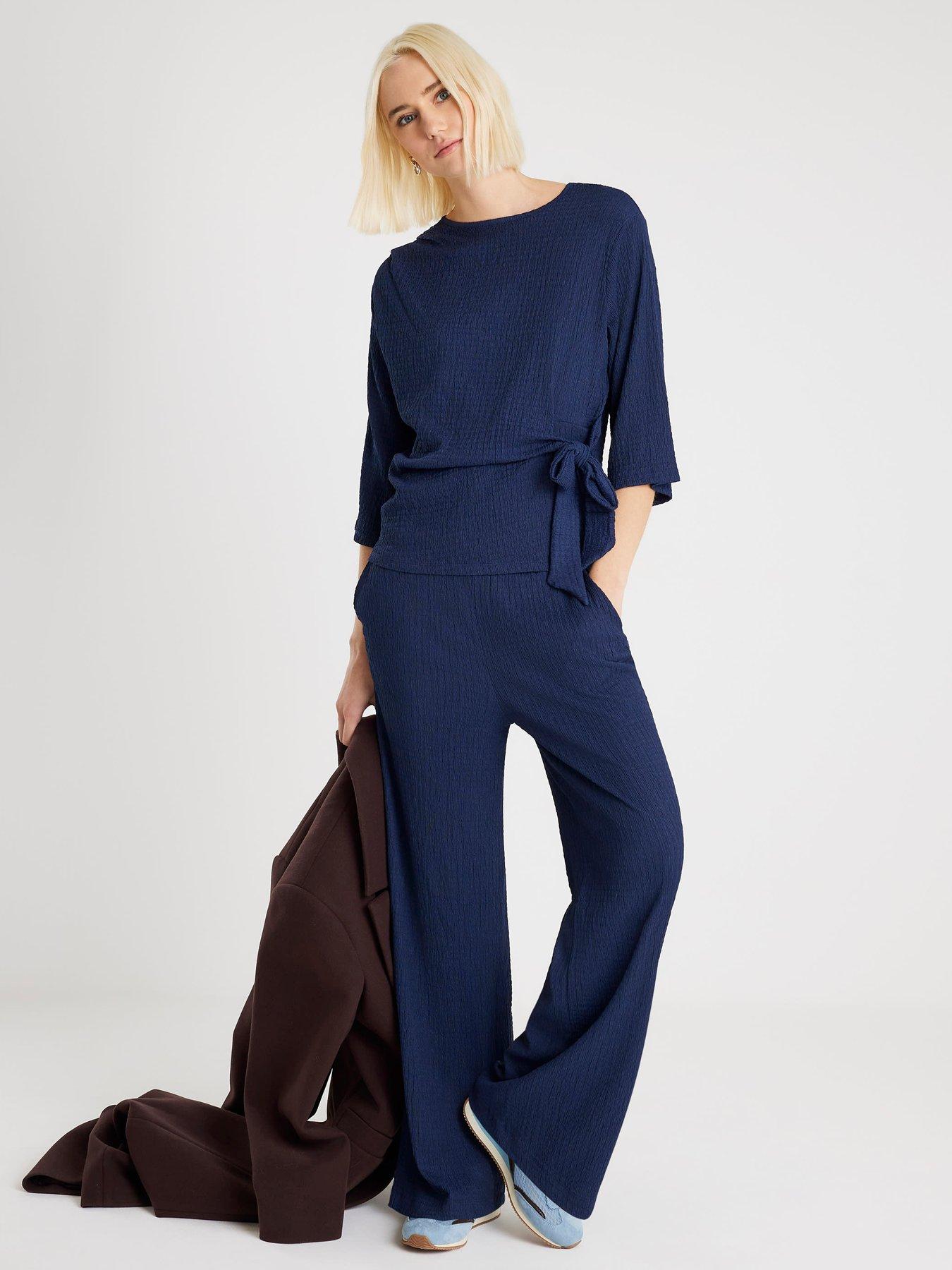  image of river-island-textured-pull-on-wide-leg-trousers-blue