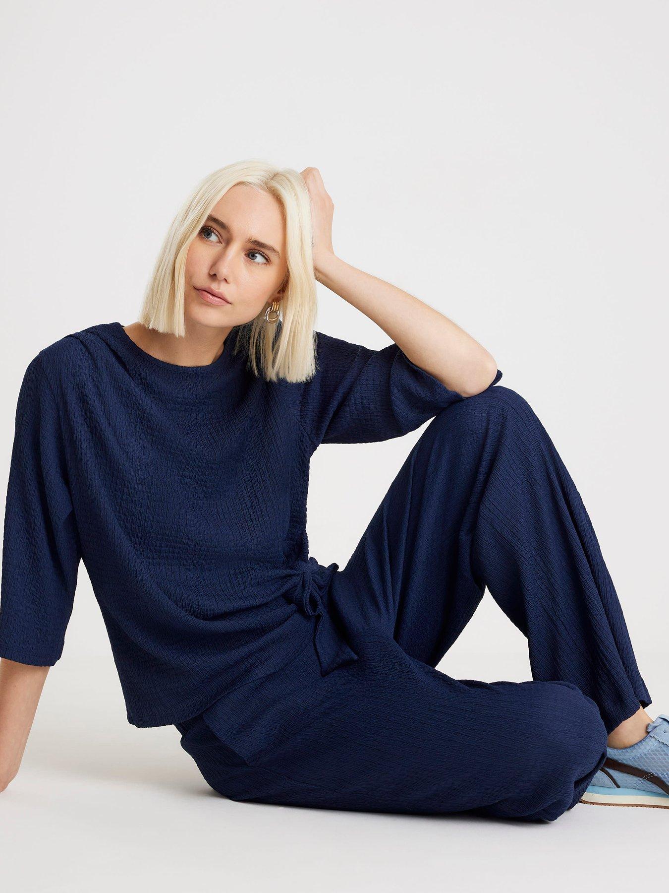  image of river-island-textured-pull-on-wide-leg-trousers-blue