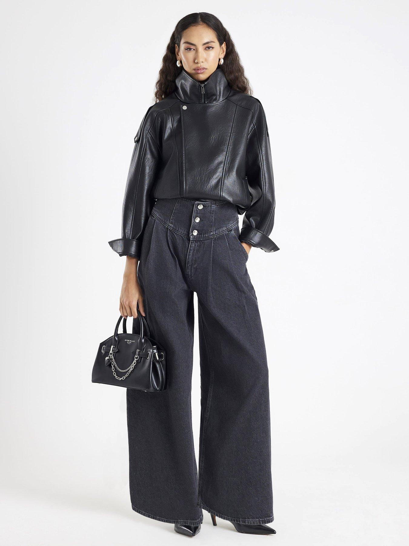  image of river-island-wide-leg-corset-button-up-jeans-grey