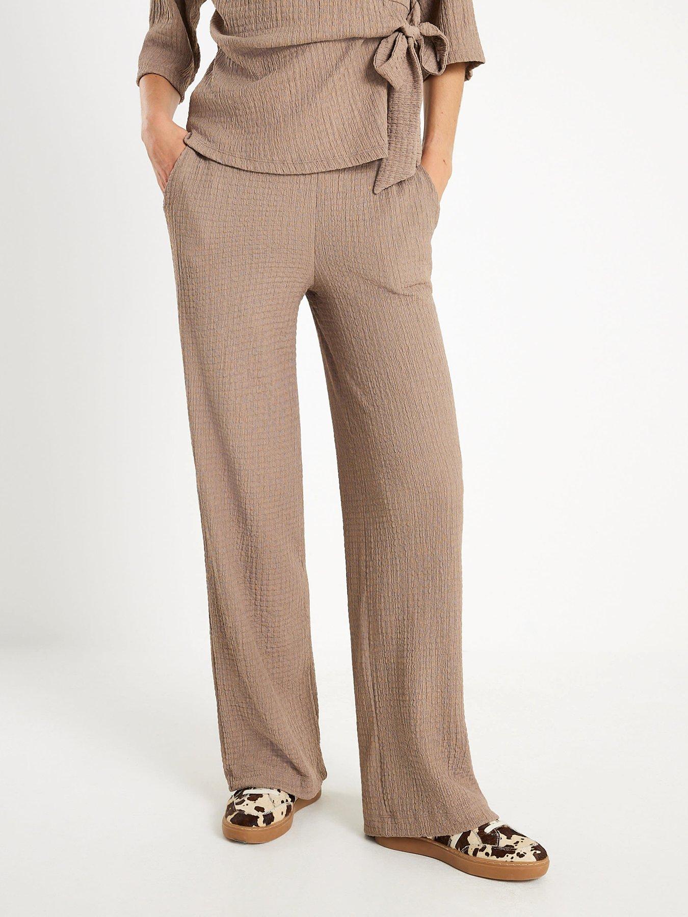 front image of river-island-textured-wide-leg-trousers-beige