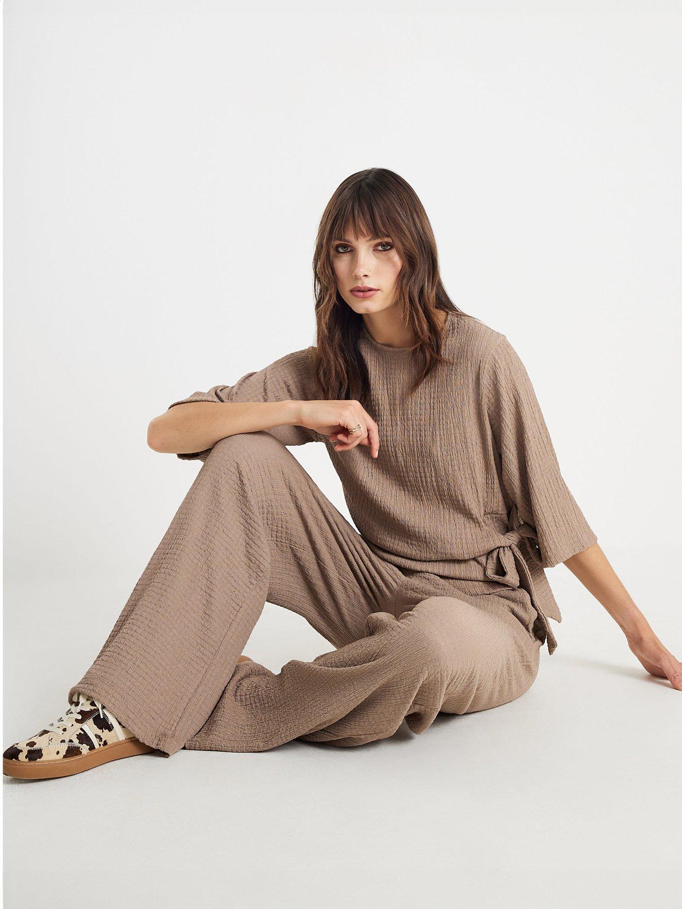  image of river-island-textured-wide-leg-trousers-beige