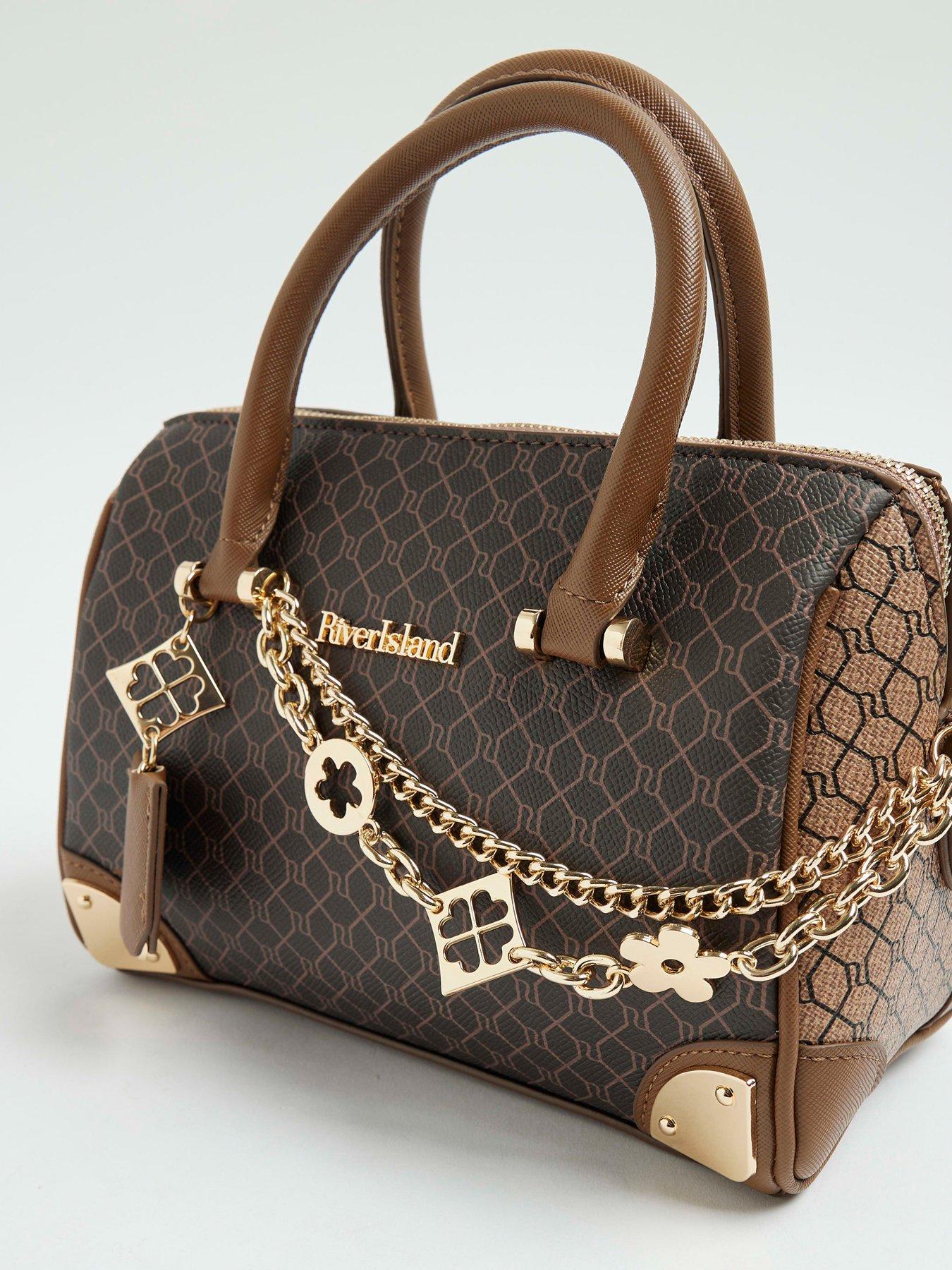  image of river-island-monogram-chain-detail-bowler-bag-brown