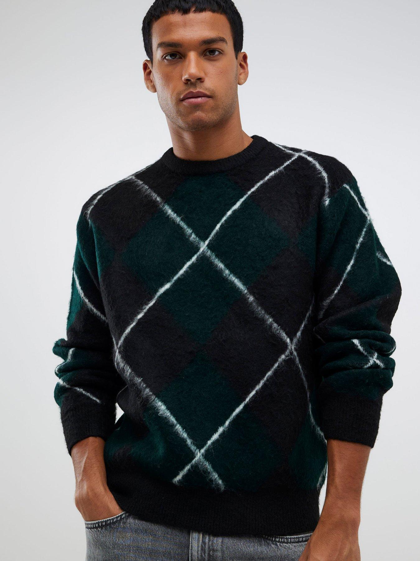  image of river-island-regular-fit-brushed-argyle-jumper-green