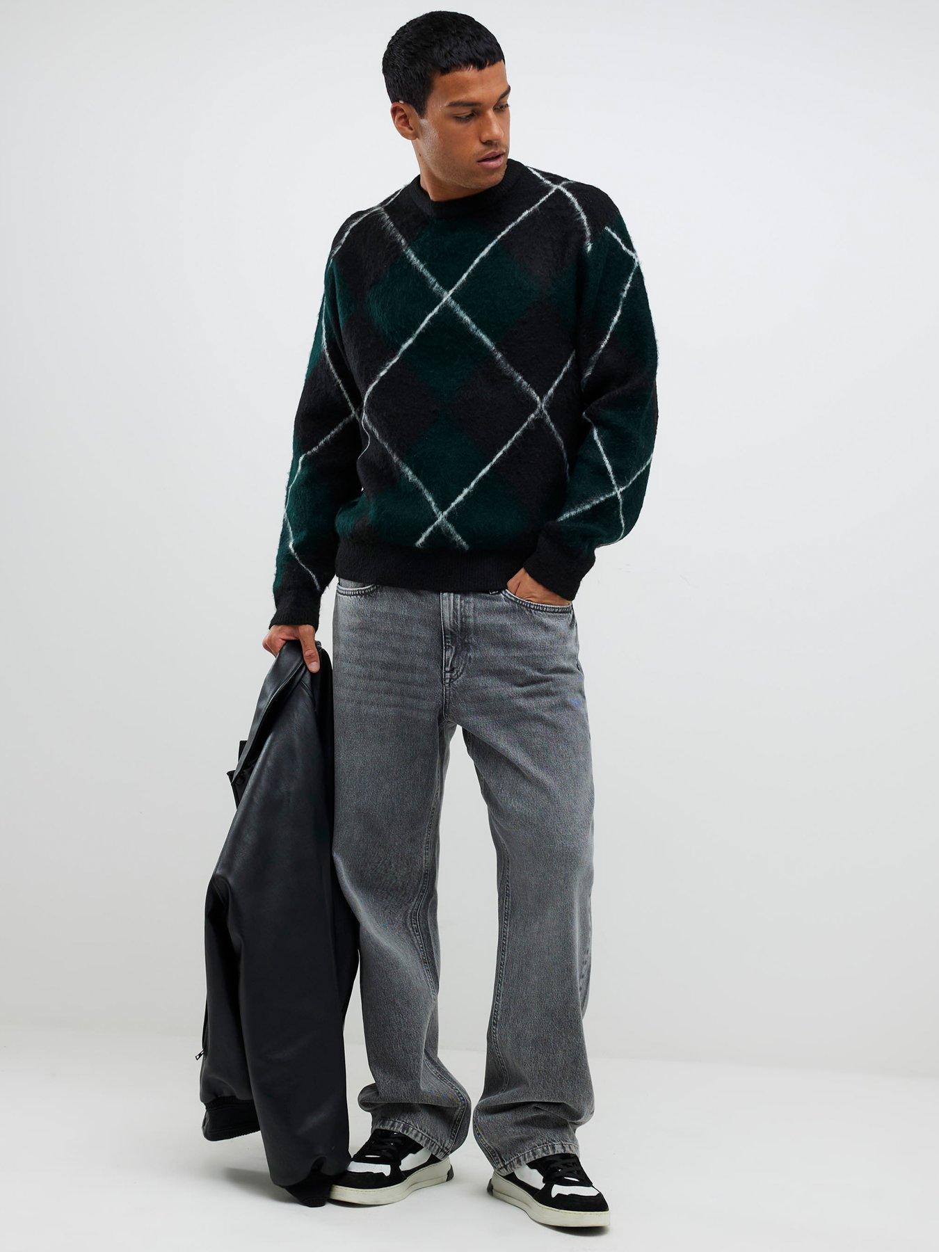  image of river-island-regular-fit-brushed-argyle-jumper-green