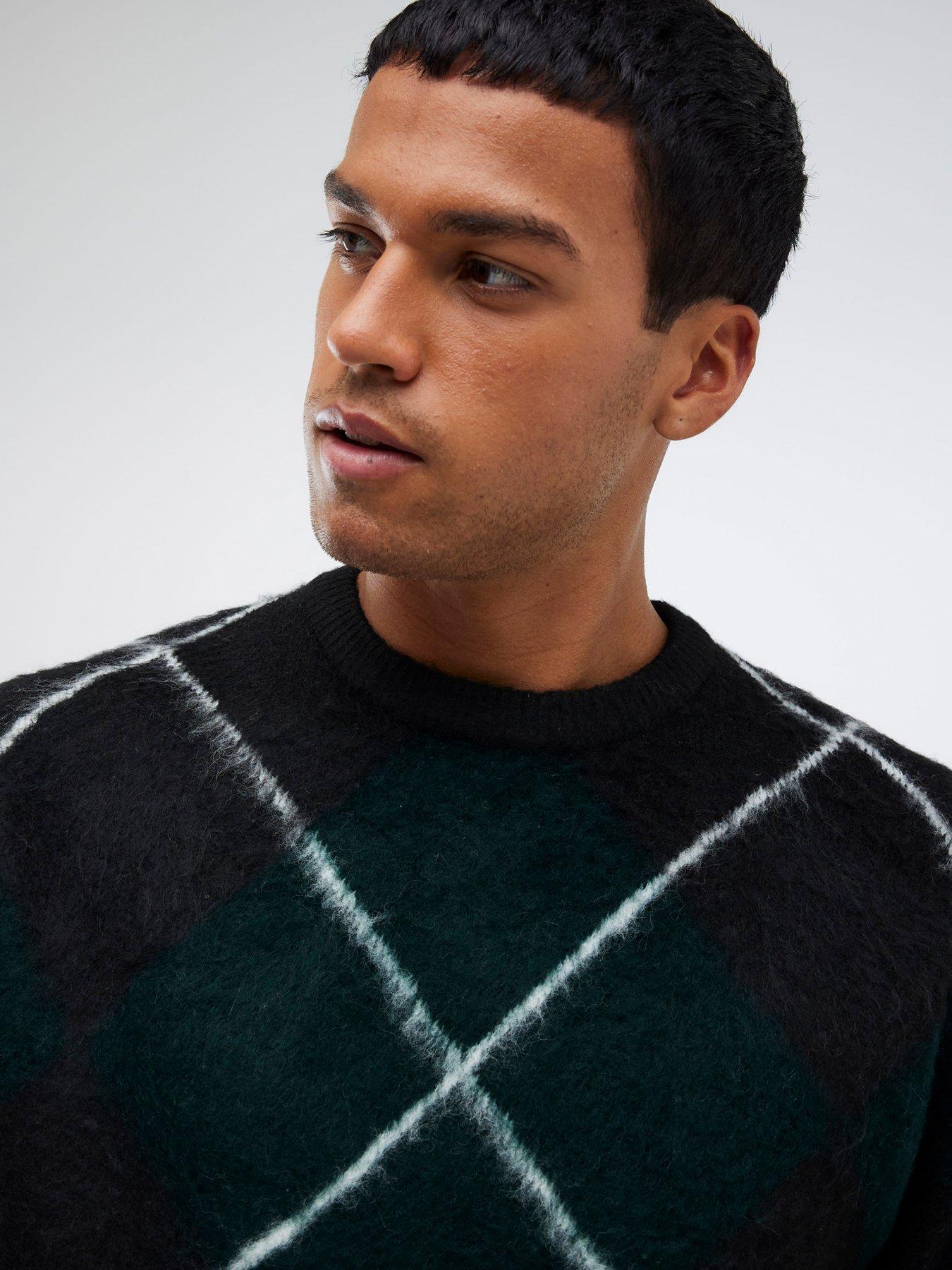 image of river-island-regular-fit-brushed-argyle-jumper-green