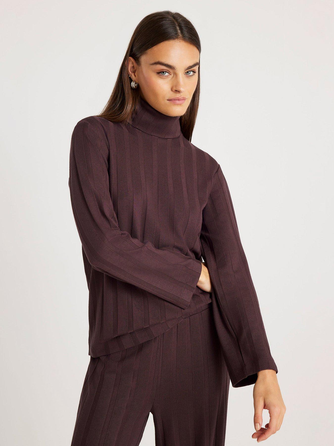 front image of river-island-long-sleeve-wide-ribbed-top-brown